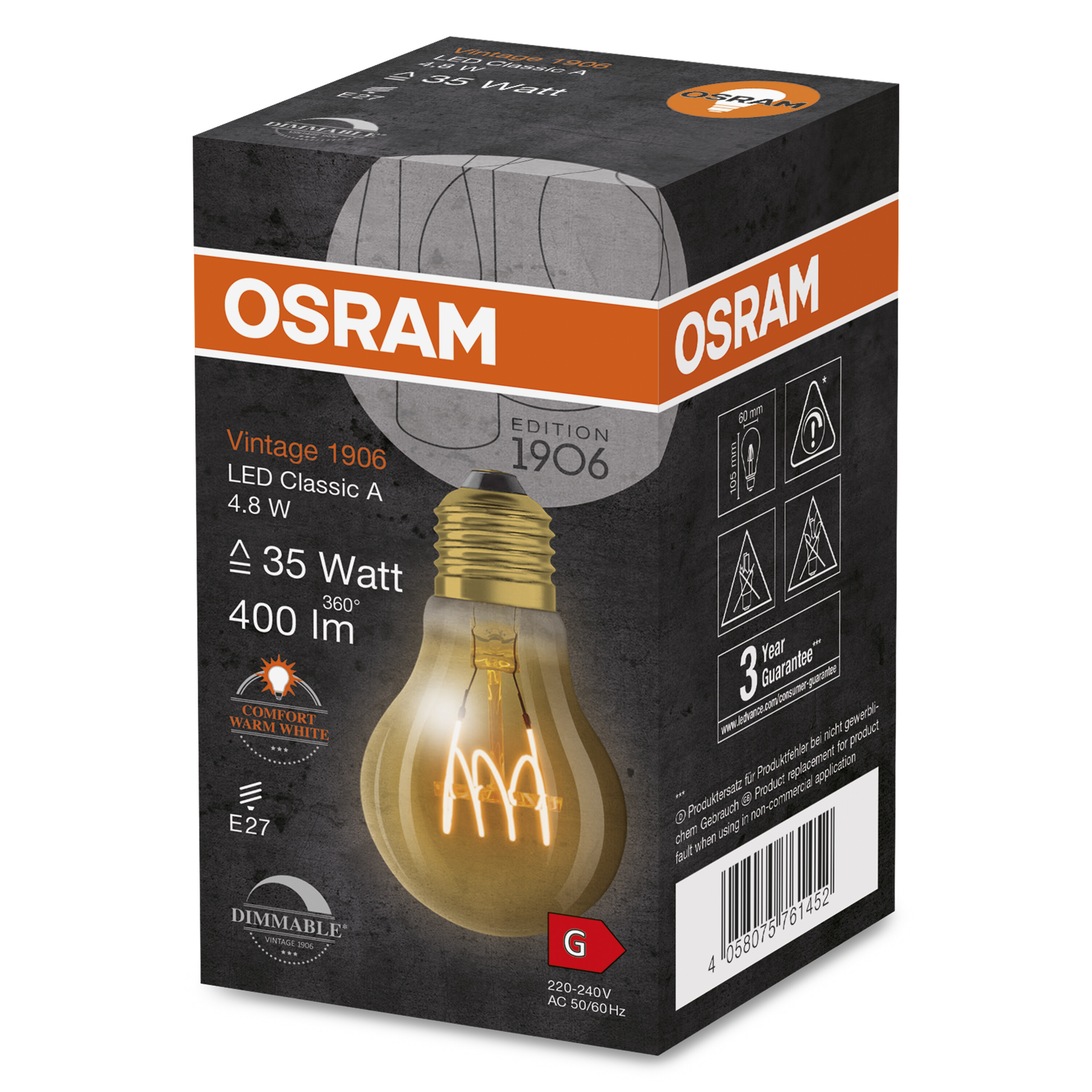 Pudełko żarówki OSRAM Vintage 1906 LED Classic A, pokazujące żarówkę i szczegóły opakowania.
