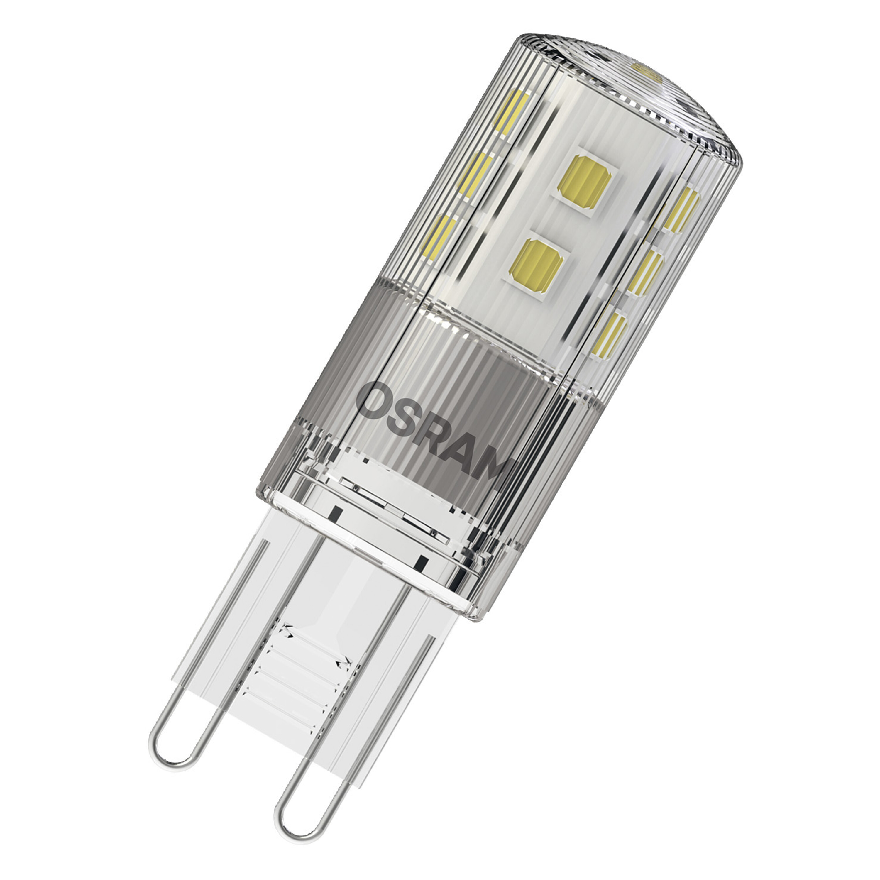 Lampadina OSRAM. Trasparente con attacco piccolo ed elementi interni gialli.