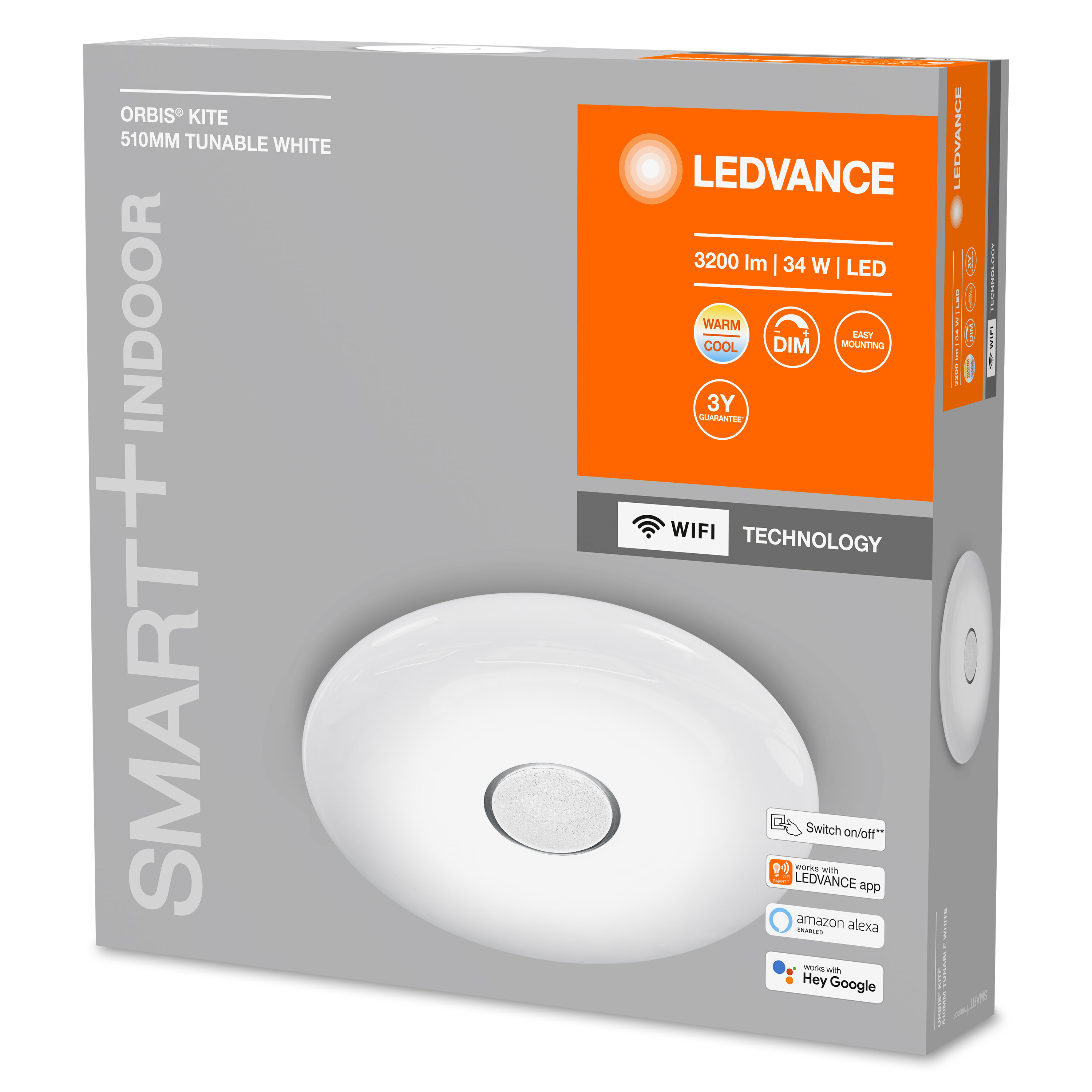 LEDVANCE Smart-Indoor-Leuchte in einer Box. Es ist eine weiße, runde Leuchte.