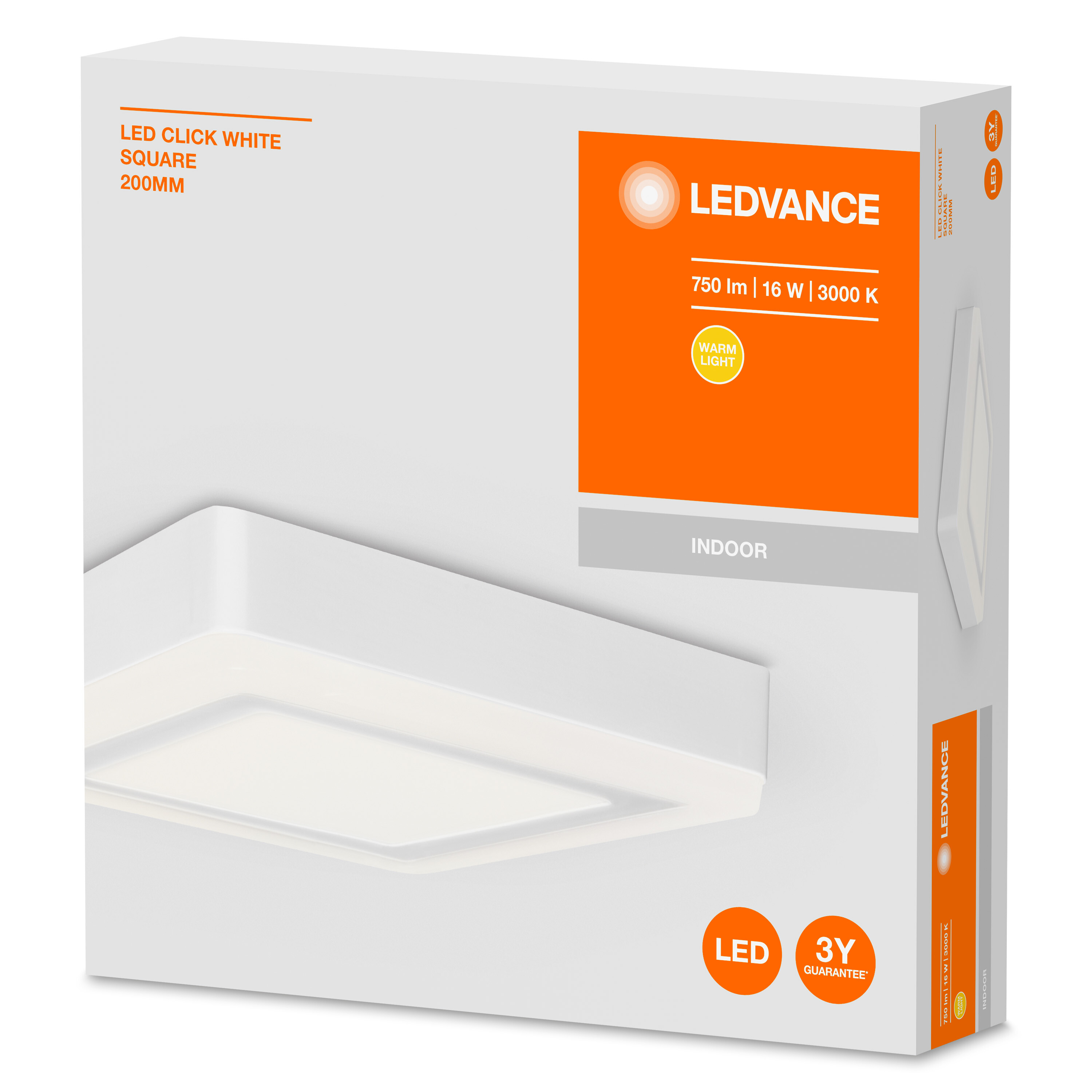 LEDVANCE LED Click White Square Lichtbox. Weiße Box, quadratisches Leuchtenbild und Produktinfo.