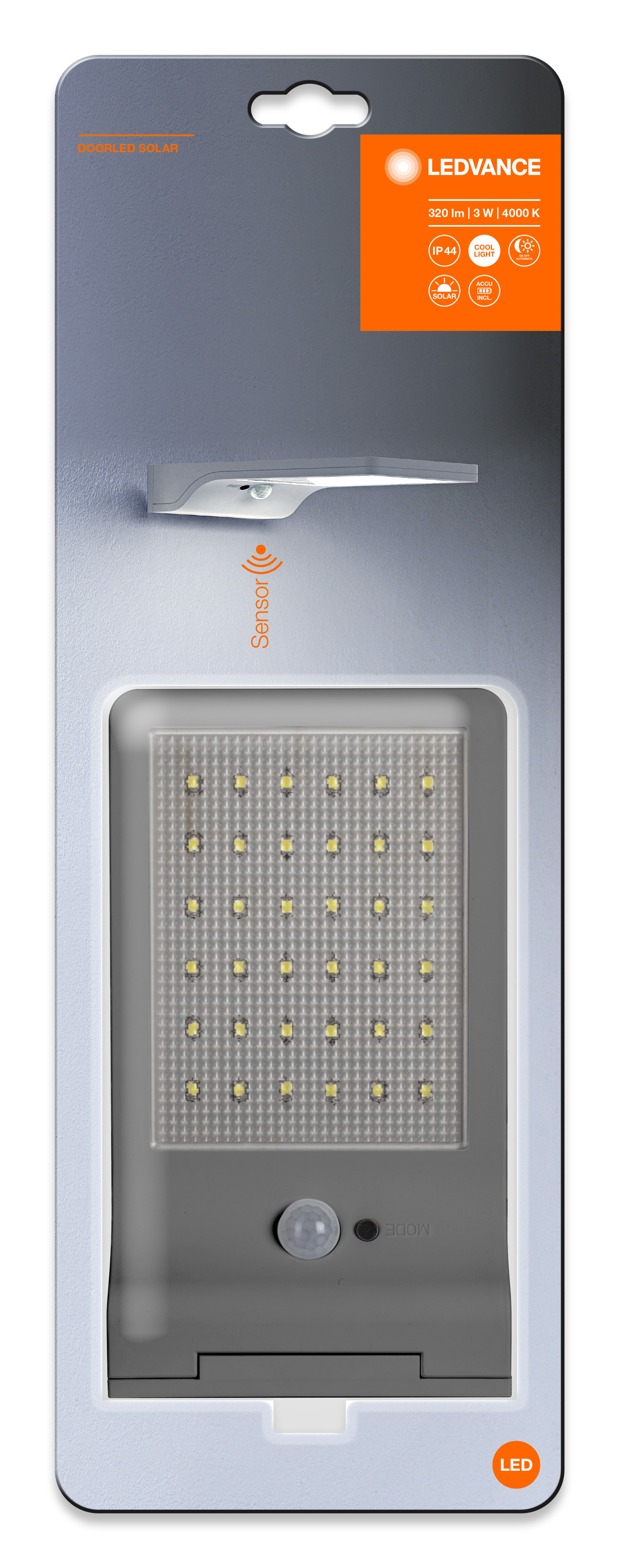 Solar-LED-Außenleuchte, verpackt. Weiß und grau mit rechteckigem Lichtpanel und Bewegungssensor.