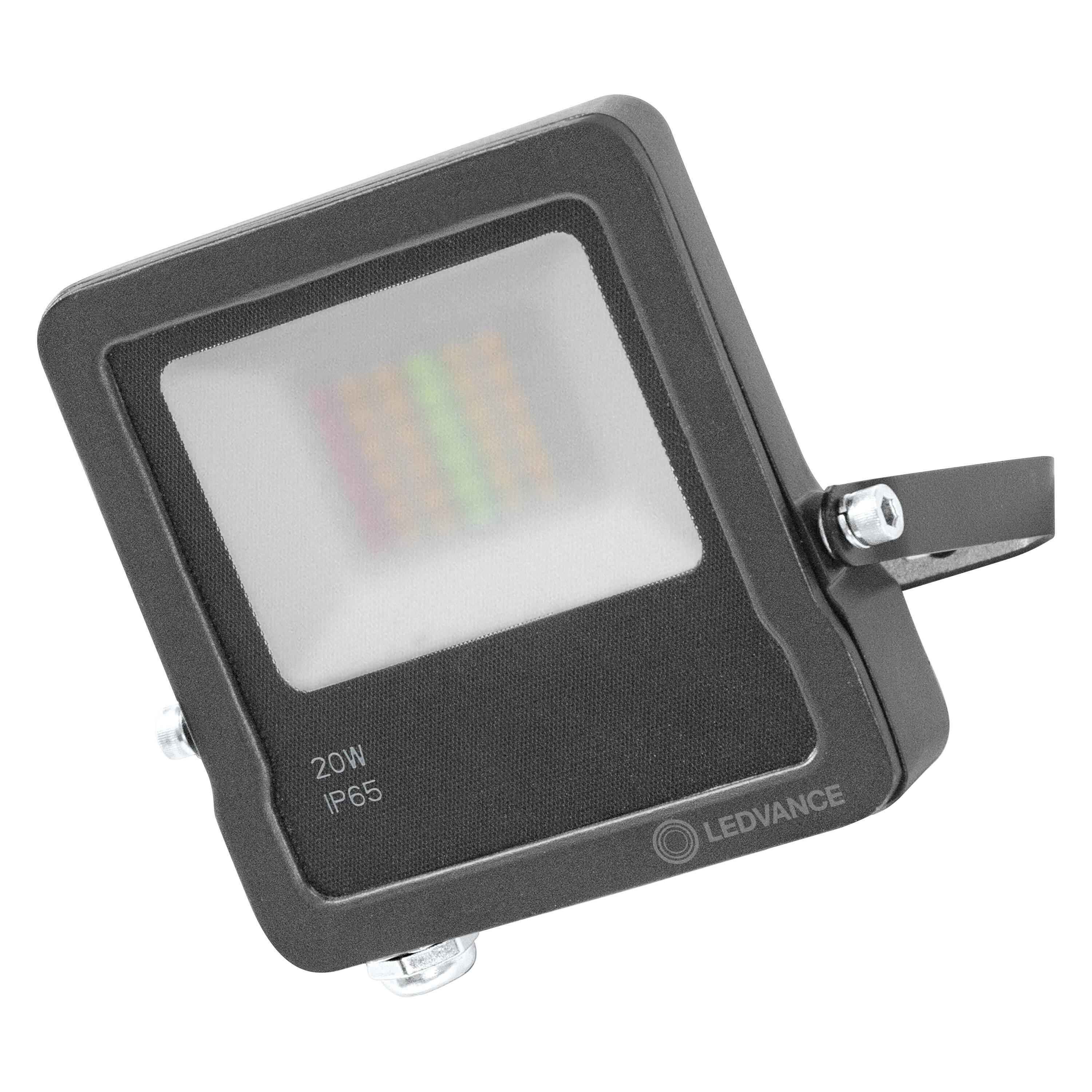 Proyector LED negro con frontal blanco. Fondo blanco.