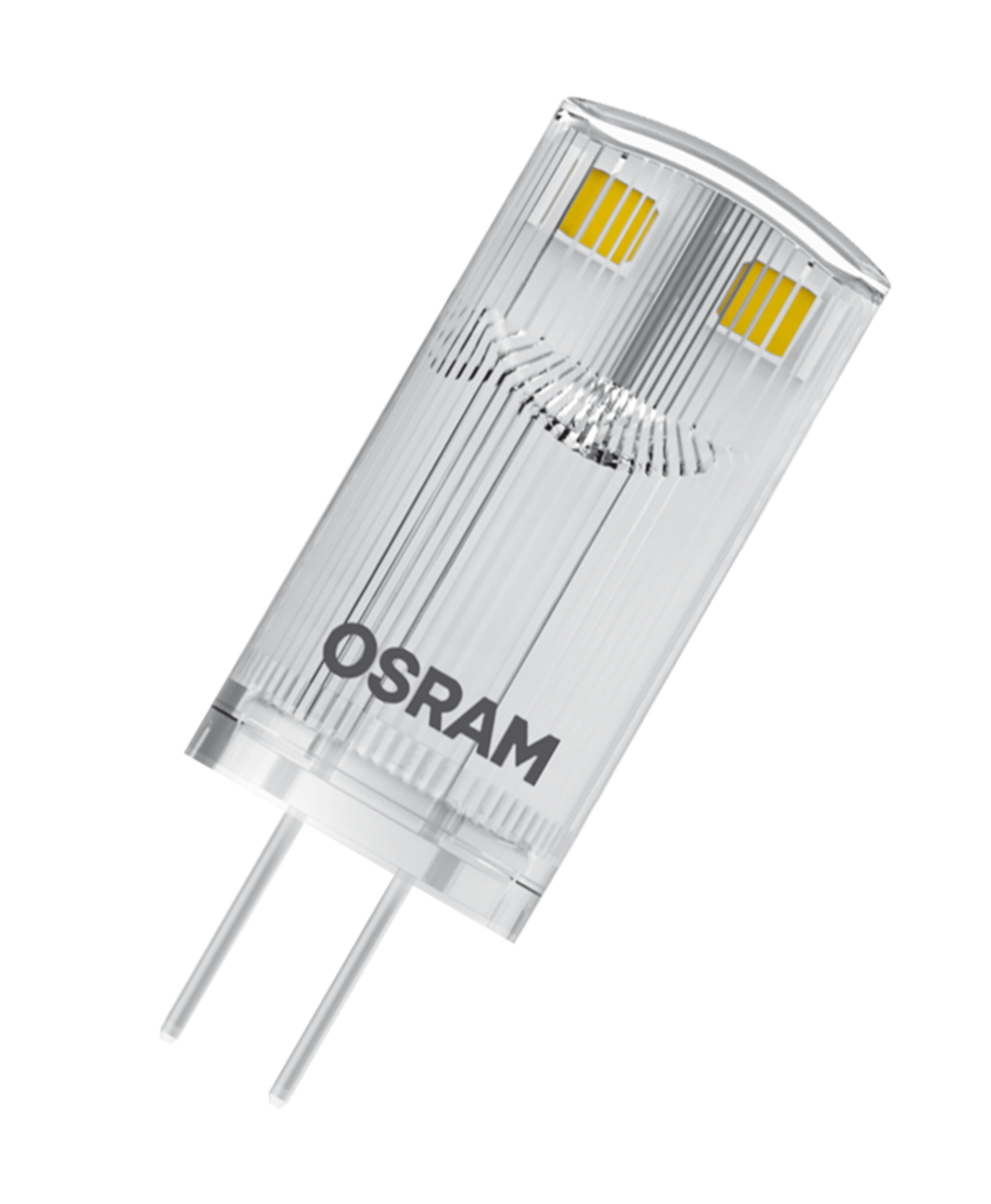 Lampadina LED OSRAM G4 trasparente con due sezioni LED gialle e due pin.