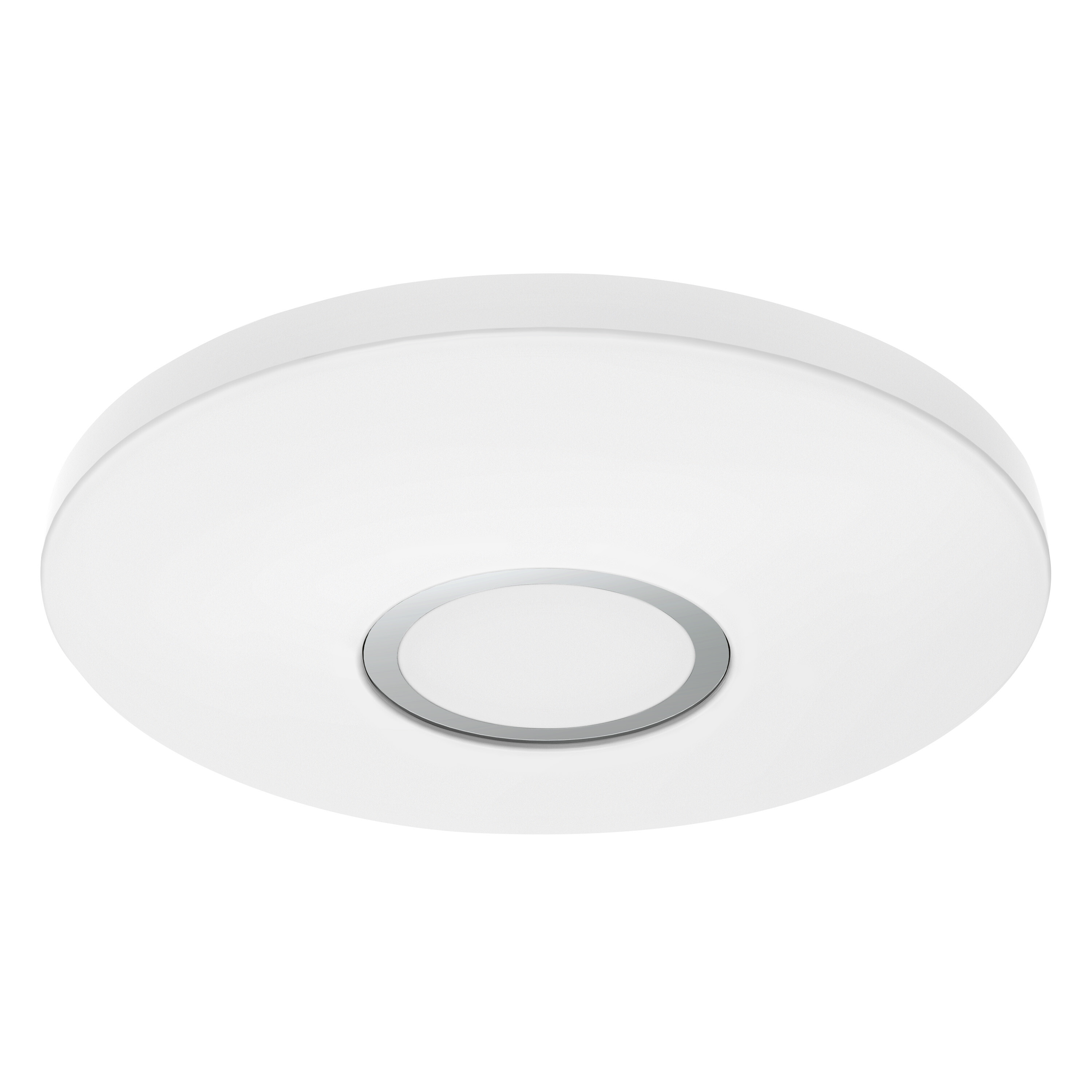 Placca da soffitto circolare bianca con anello argentato. Sfondo bianco.