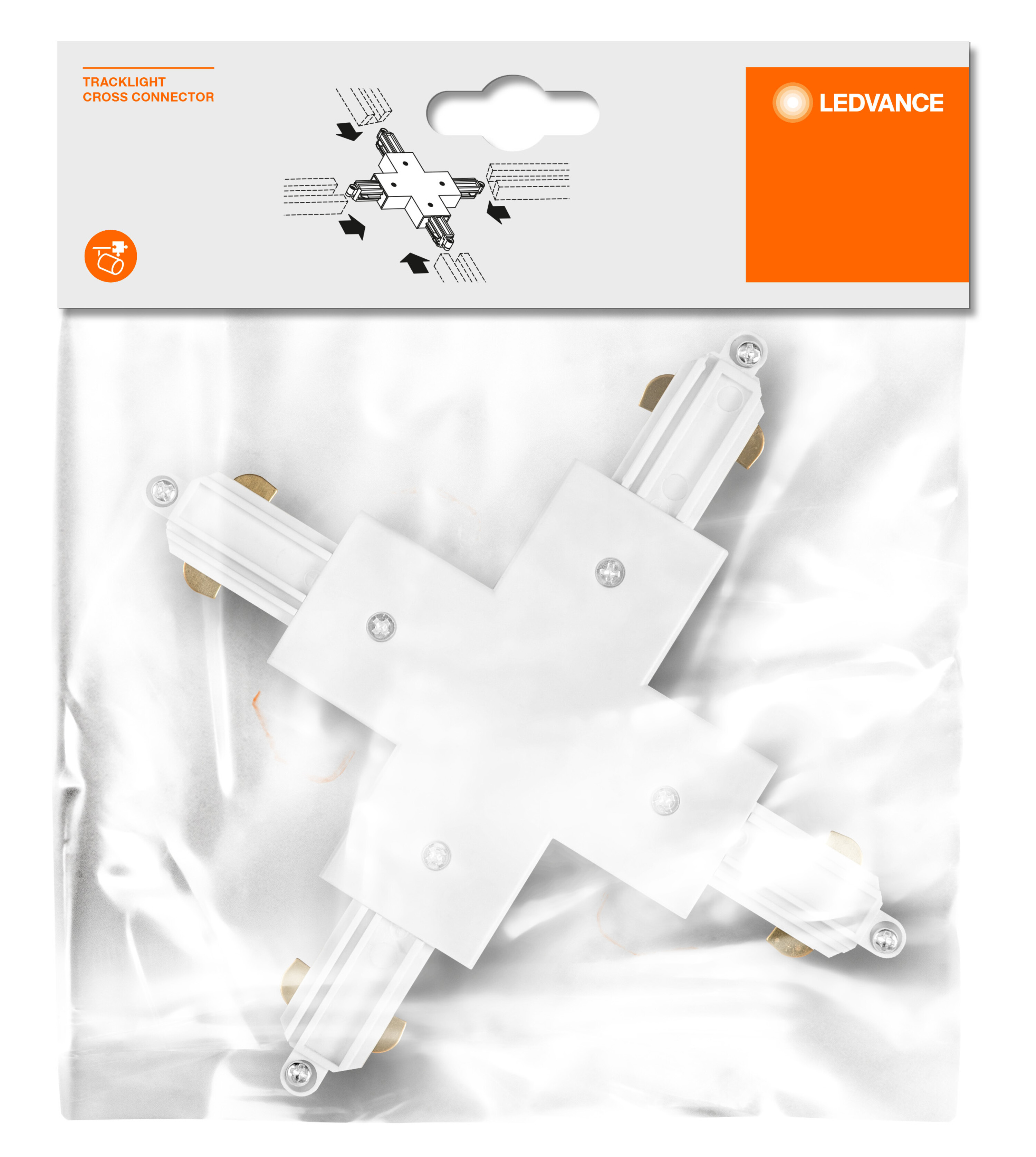 Eine Packung mit einem Tracklight-Cross-Connector, mit Pfeilen, die die Richtungen anzeigen.