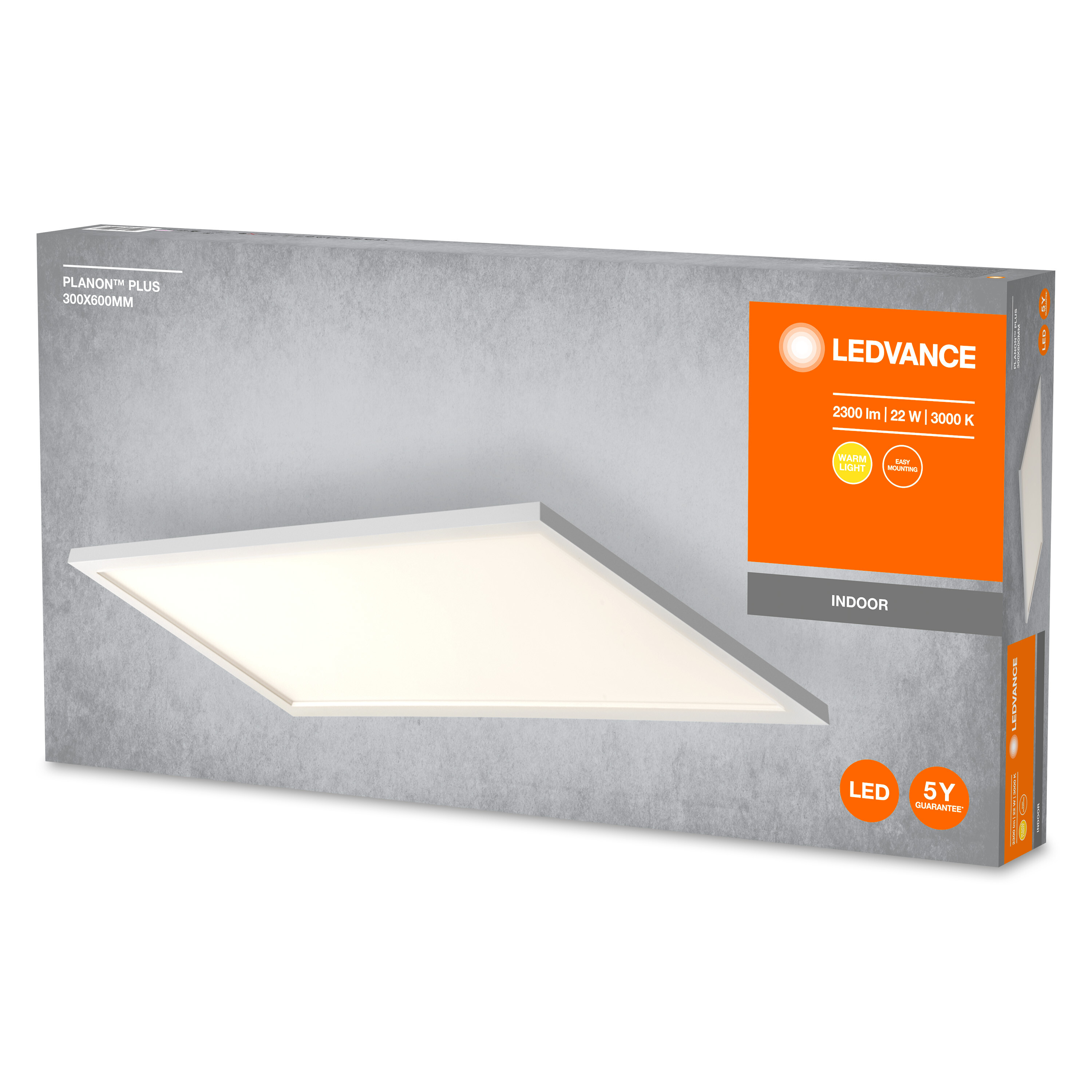 Verpackung für eine LED-Deckenleuchte, 300x600mm, 2300 lm, 22 W.