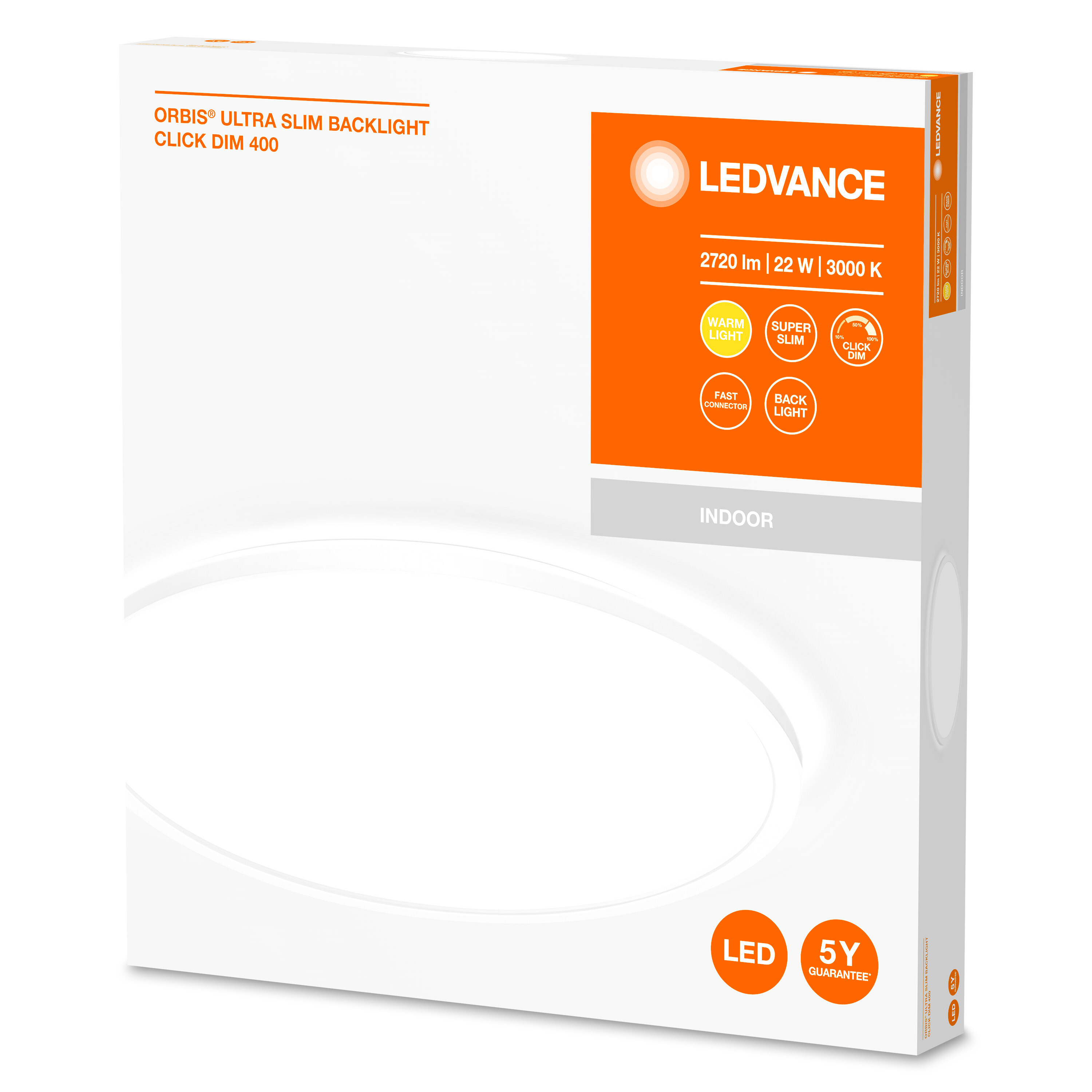 Emballage de boîte lumineuse Ledvance, blanc et orange. Détails du produit. Usage intérieur.