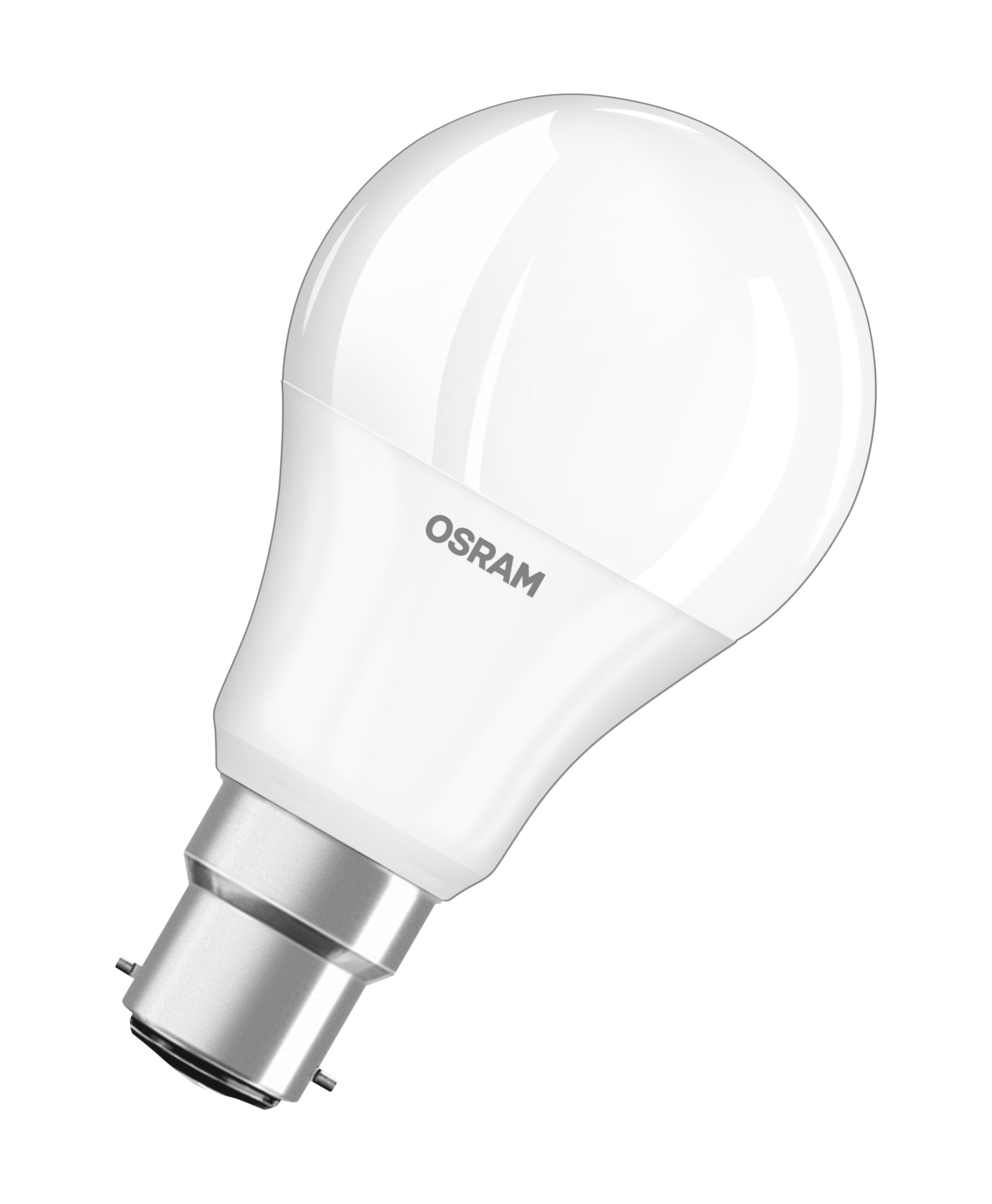 Weiße OSRAM Glühbirne mit silbernem Sockel auf weißem Hintergrund.