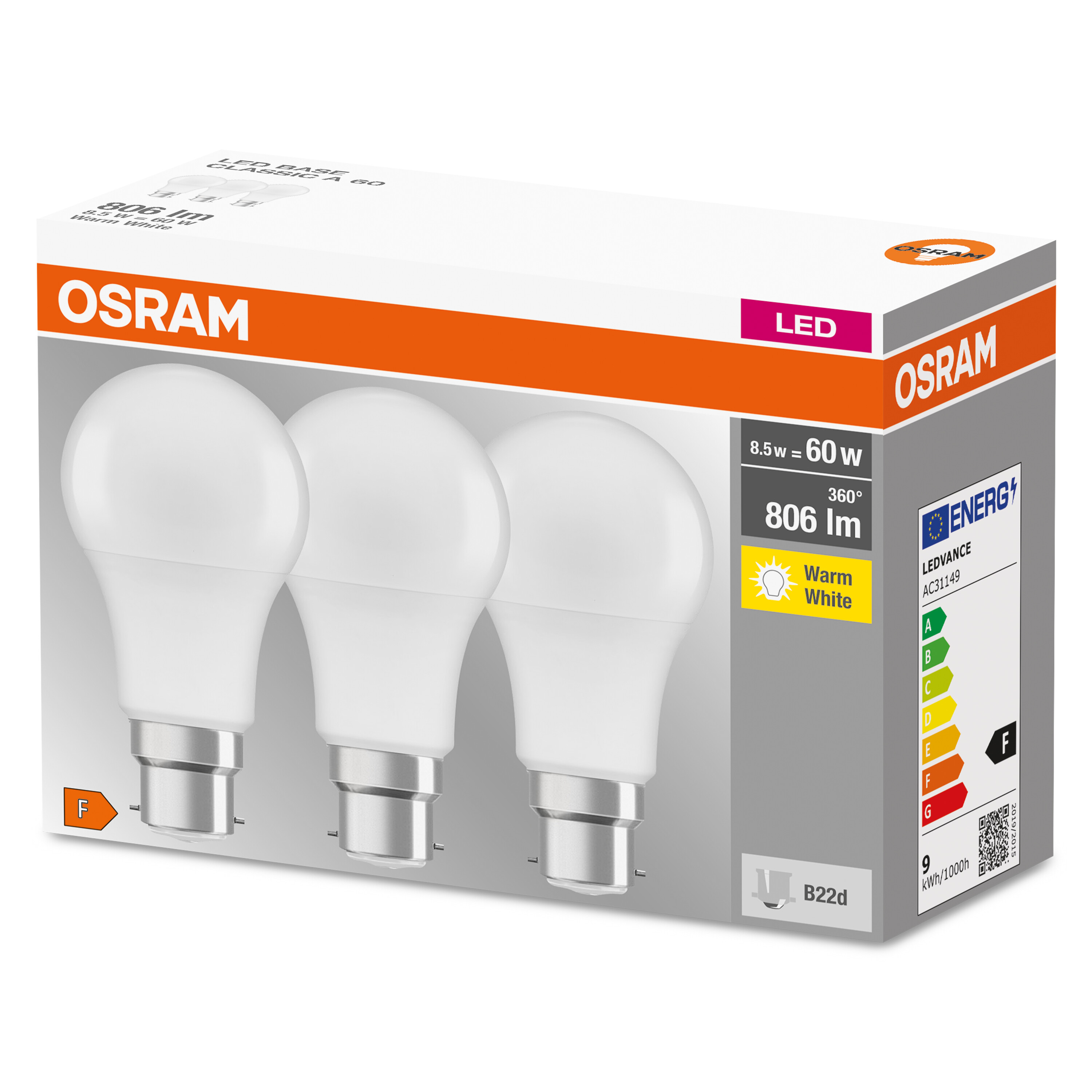 Box mit drei OSRAM LED-Leuchten. Die Box ist weiß und orange. Auf der Box befindet sich Text.