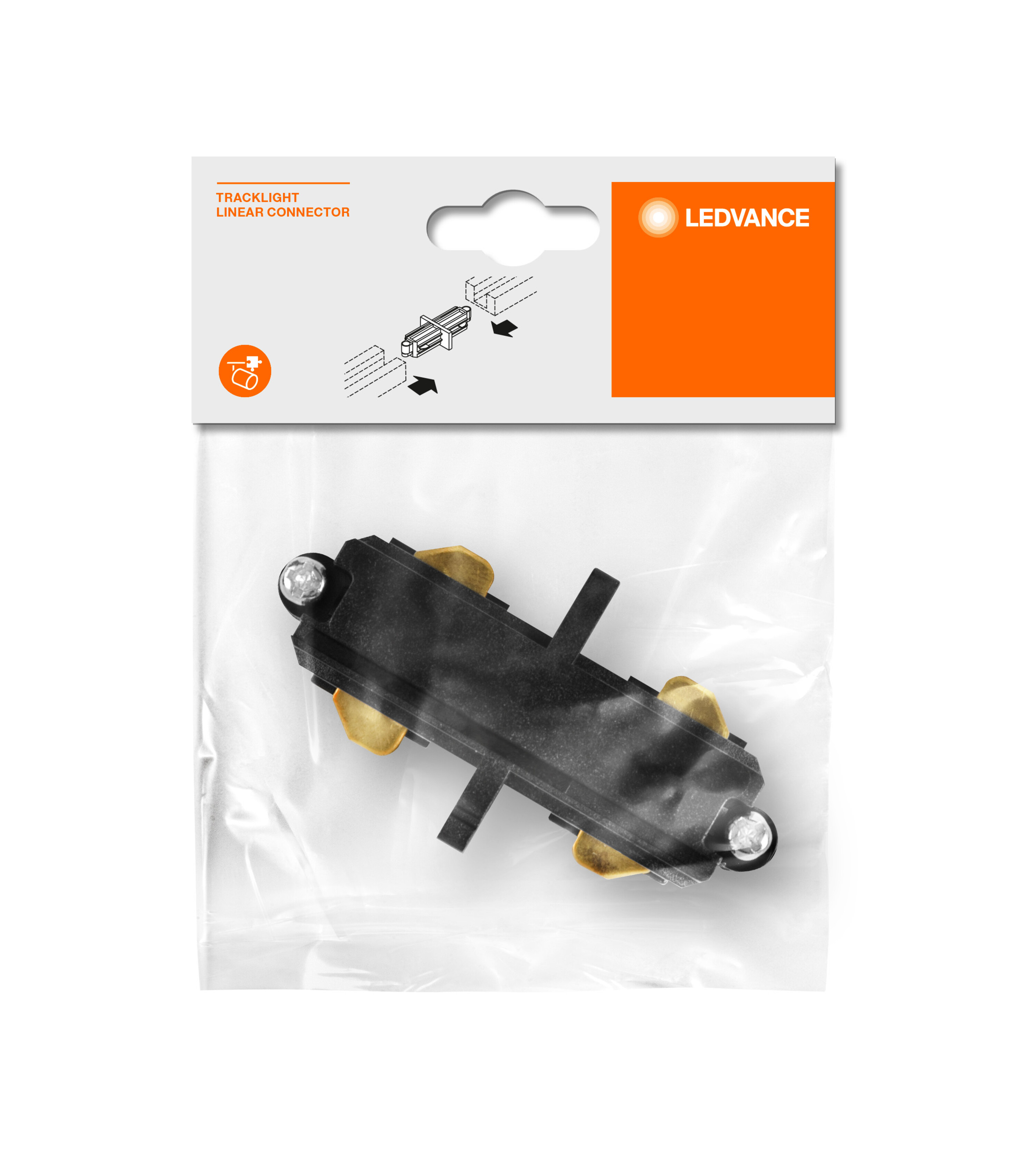 Verpackung für einen Linearverbinder. Die Verpackung ist durchsichtig und enthält den Verbinder.