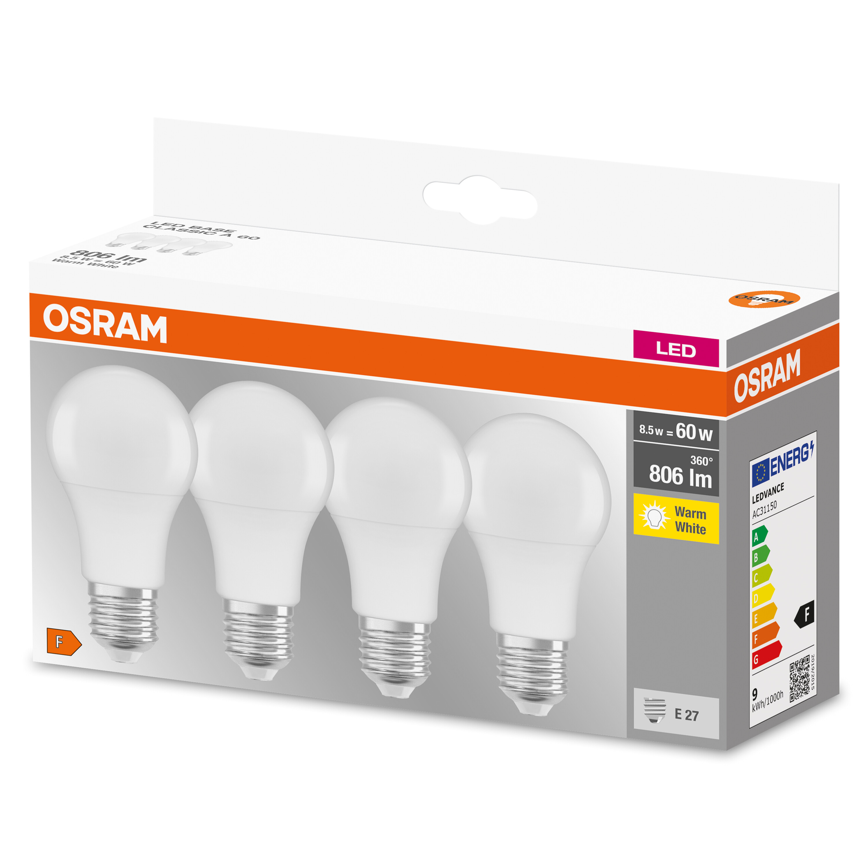 Una scatola di quattro lampadine LED bianche.