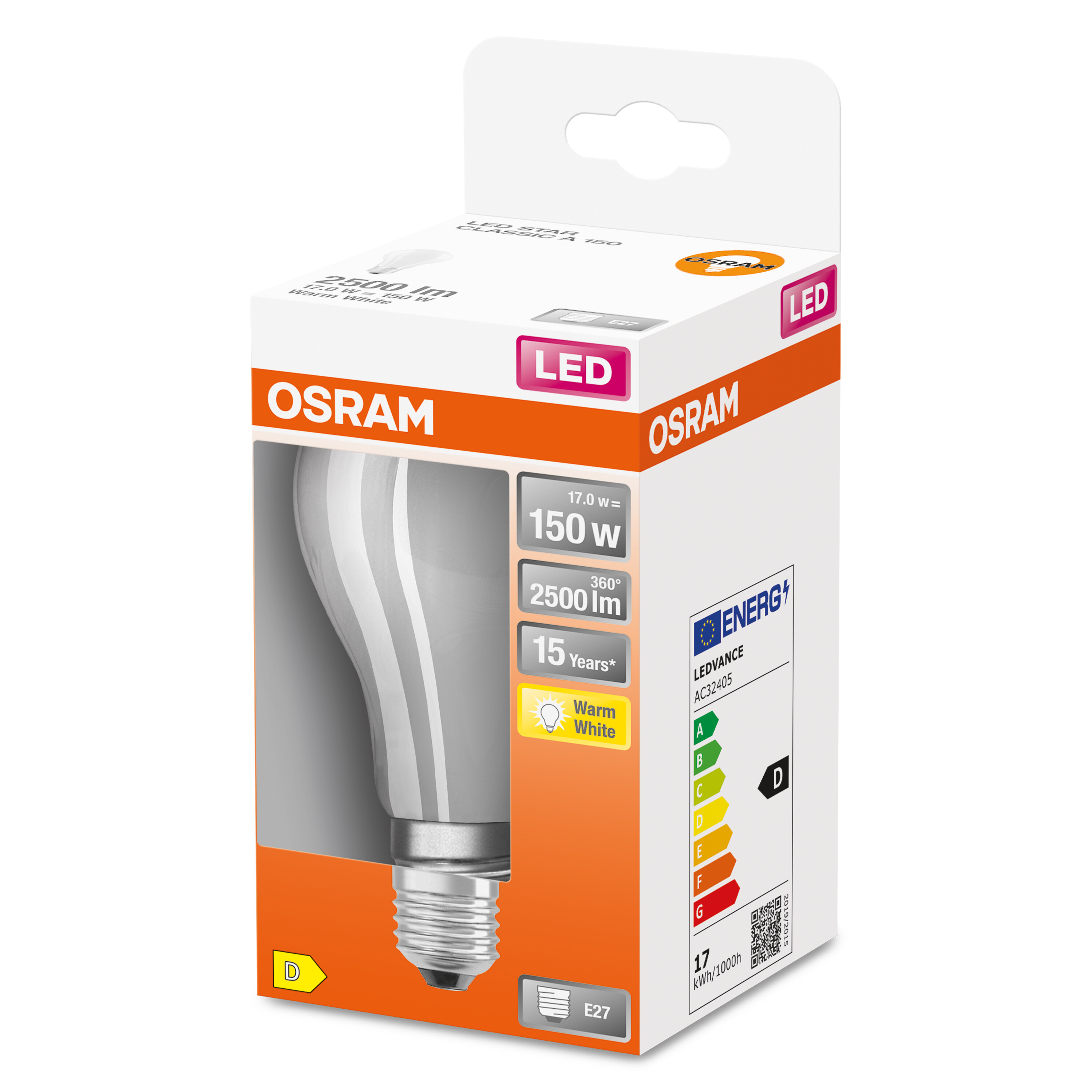 Paquete de bombilla LED Osram que muestra una bombilla, detalles de eficiencia energética y una calificación energética D.
