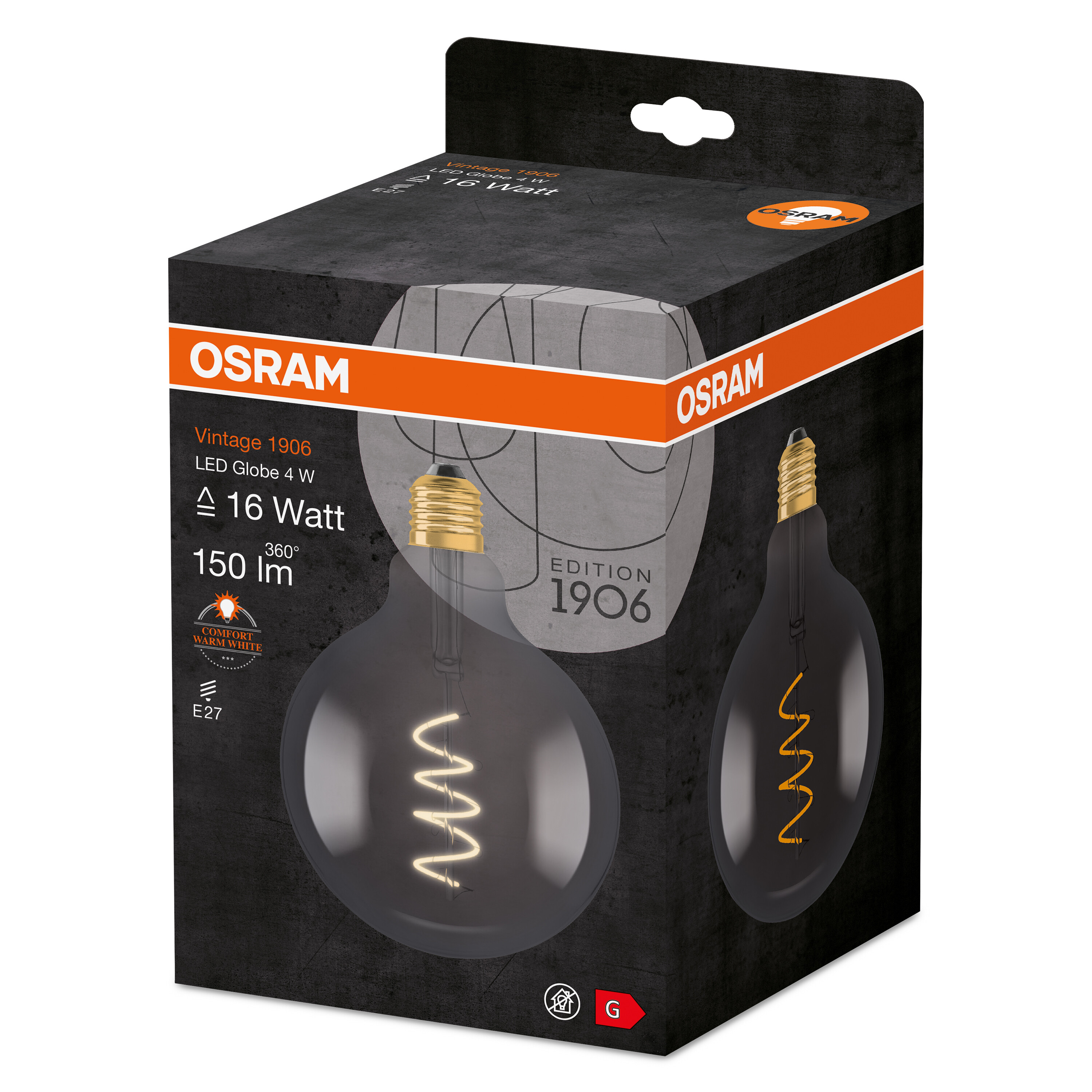 OSRAM-Glühbirne in einer Schachtel. Die Glühbirne ist schwarz mit einem Wendelfaden. Die Box ist schwarz und hat orangefarbene Akzente.