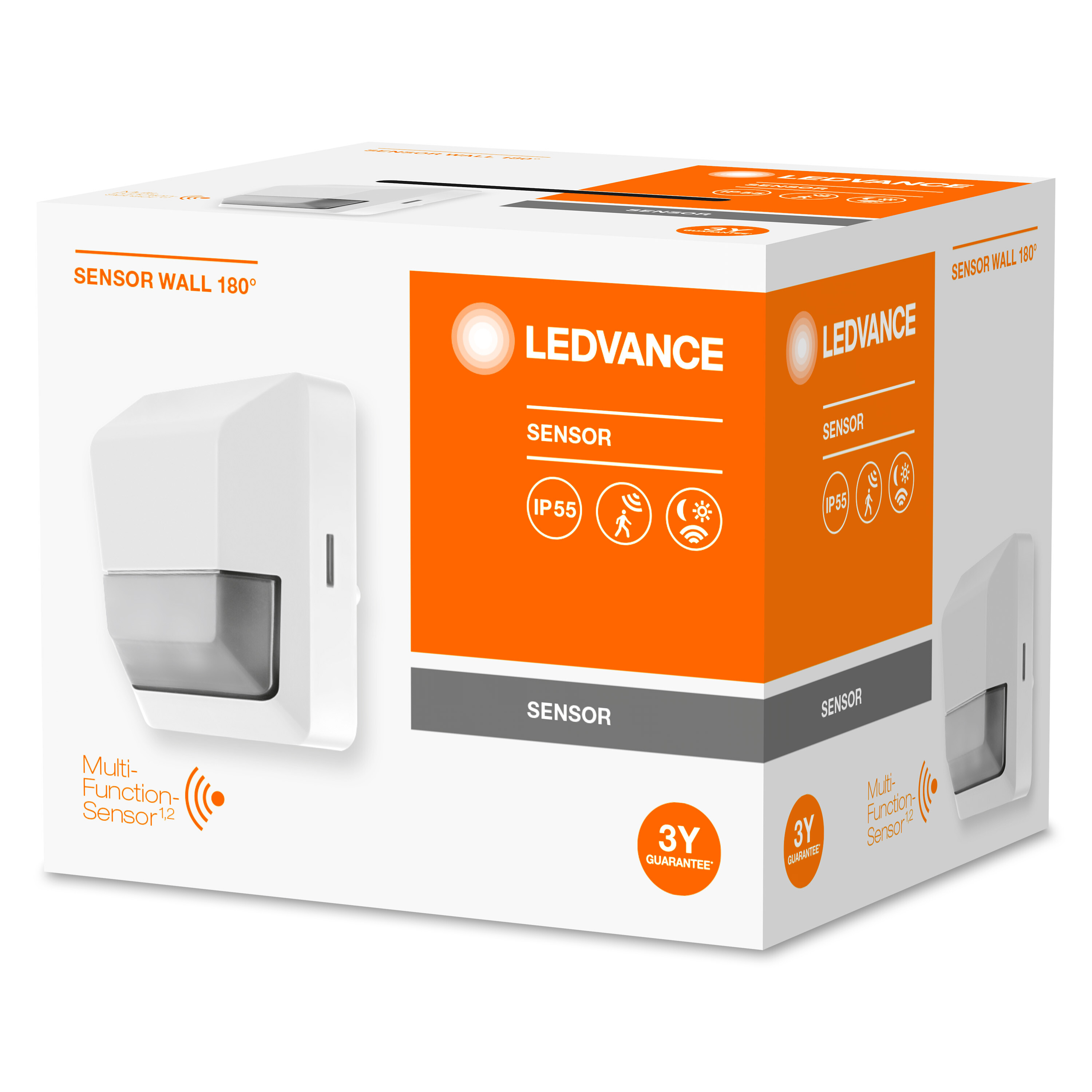 Weiß-orangene Box mit Sicherheits-Sensor-Illustration, Produktdetails sichtbar.