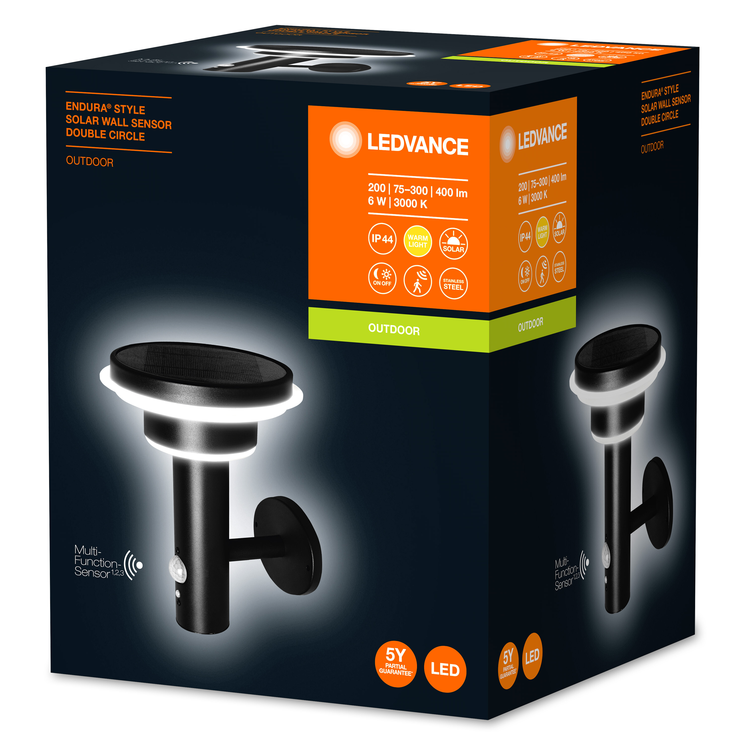 LEDVANCE Outdoor Solar Wand Sensor Leuchte in einem Karton, schwarz und weiß.
