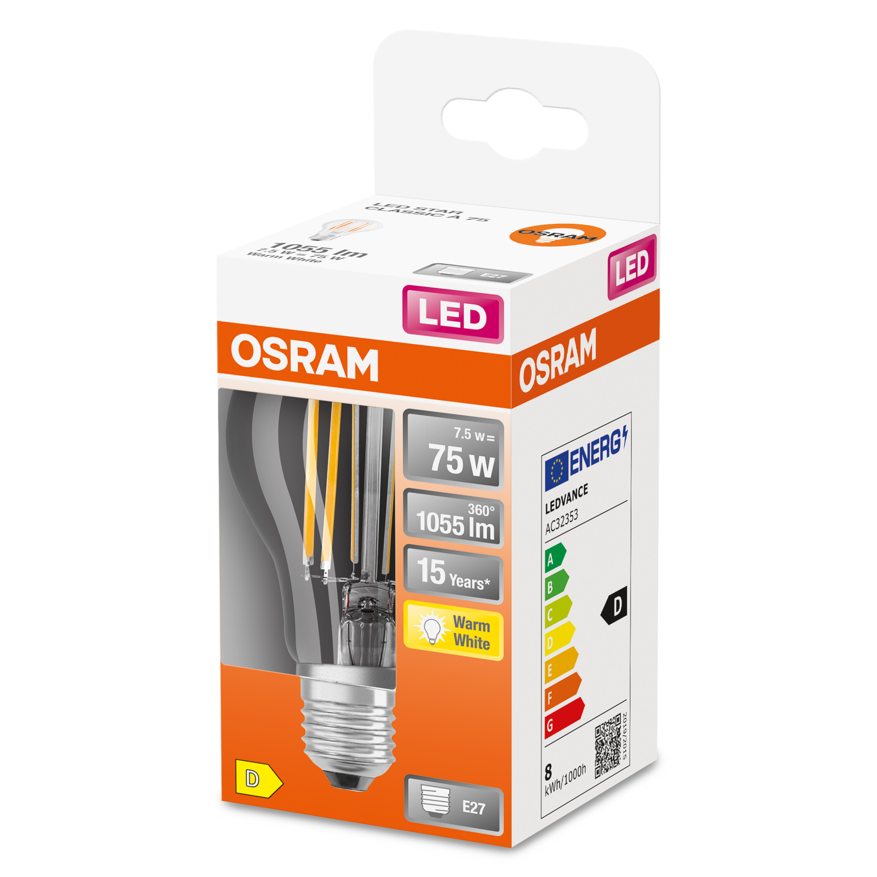 Scatola con lampadina LED OSRAM, mostra watt, lumen ed efficienza energetica.