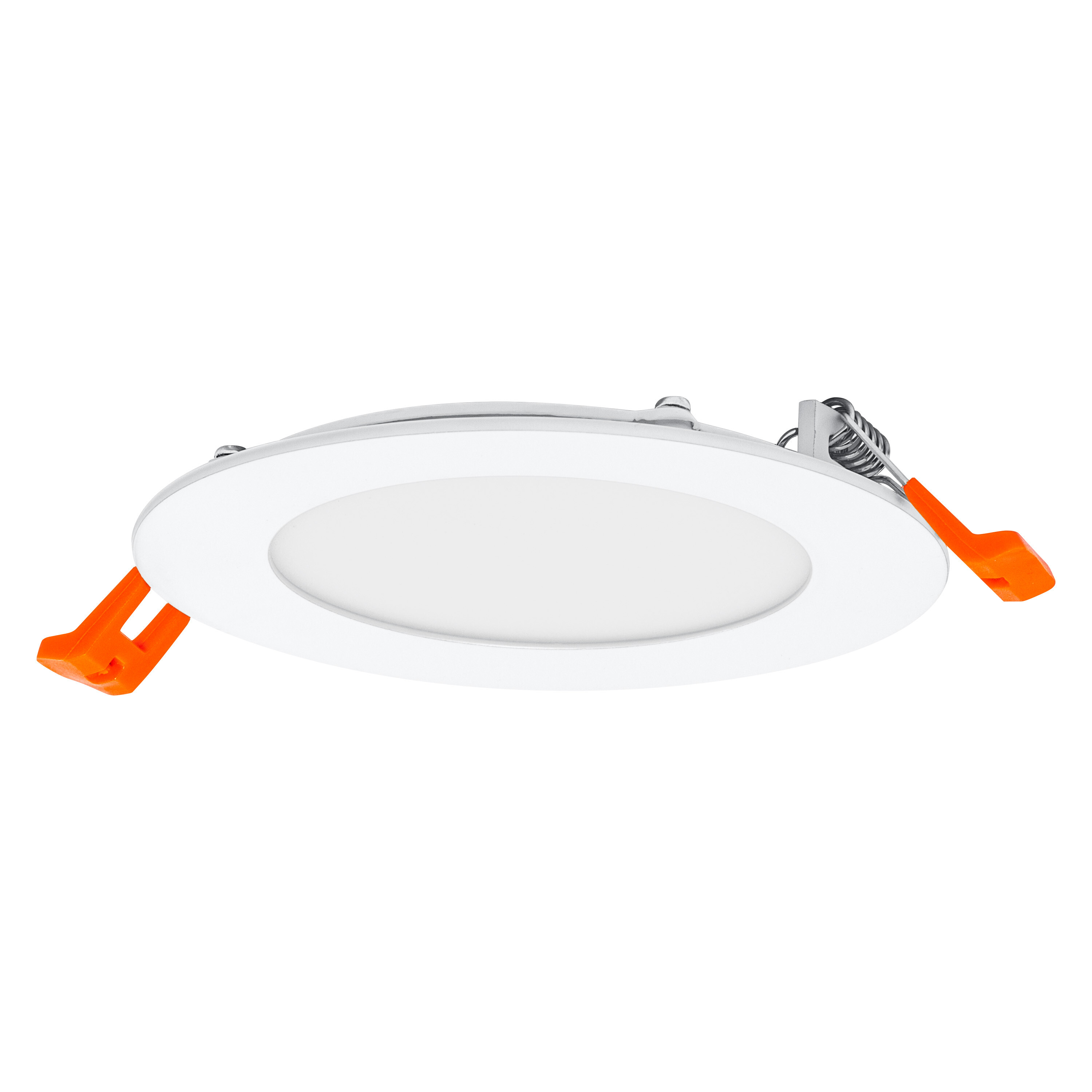 Una luce LED a incasso bianca con clip arancioni. È su uno sfondo bianco.