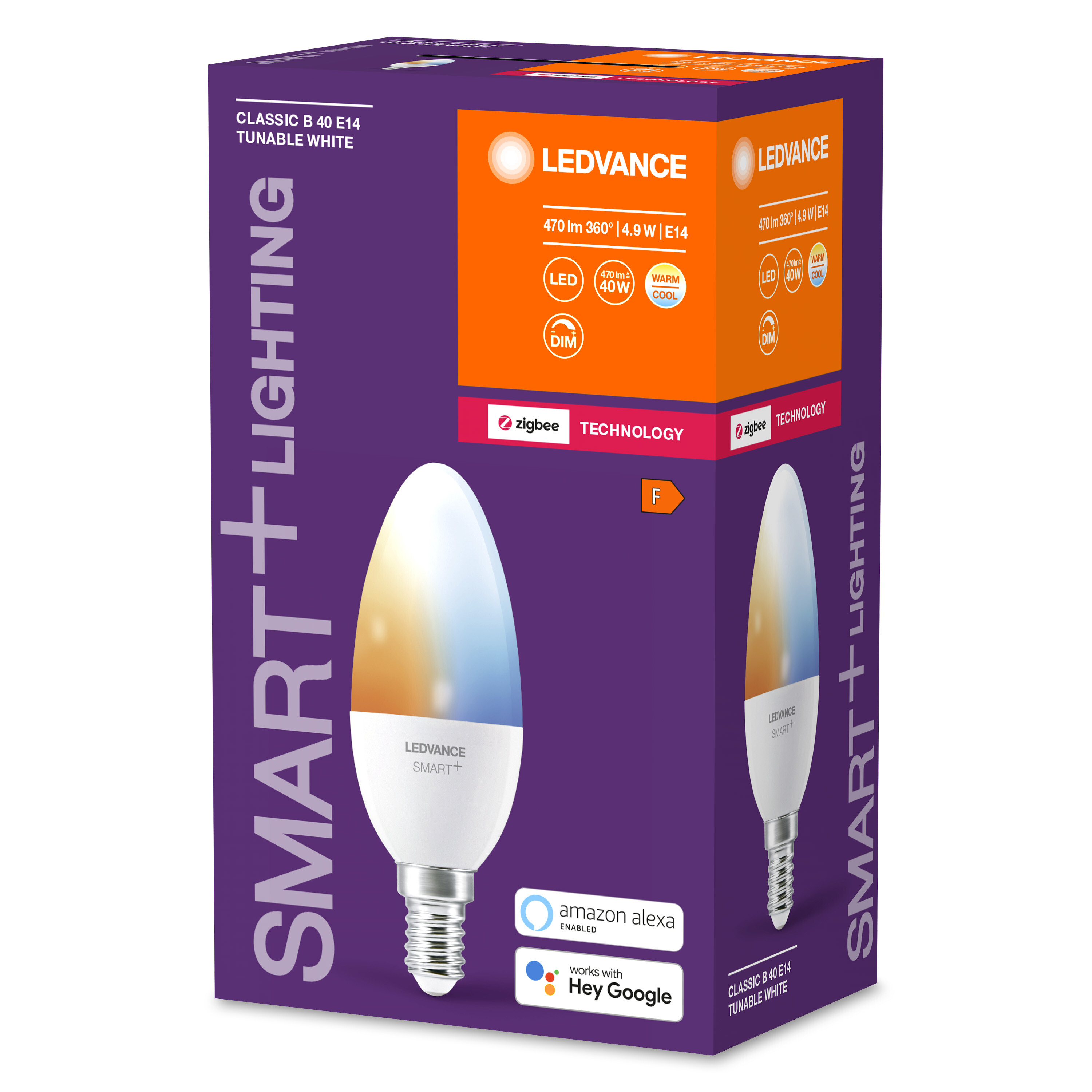 LEDVANCE Smart-Glühbirnenverpackung. Lila und weißes Design, Amazon Alexa/Google Assistant kompatibel. Merkmale sichtbar.