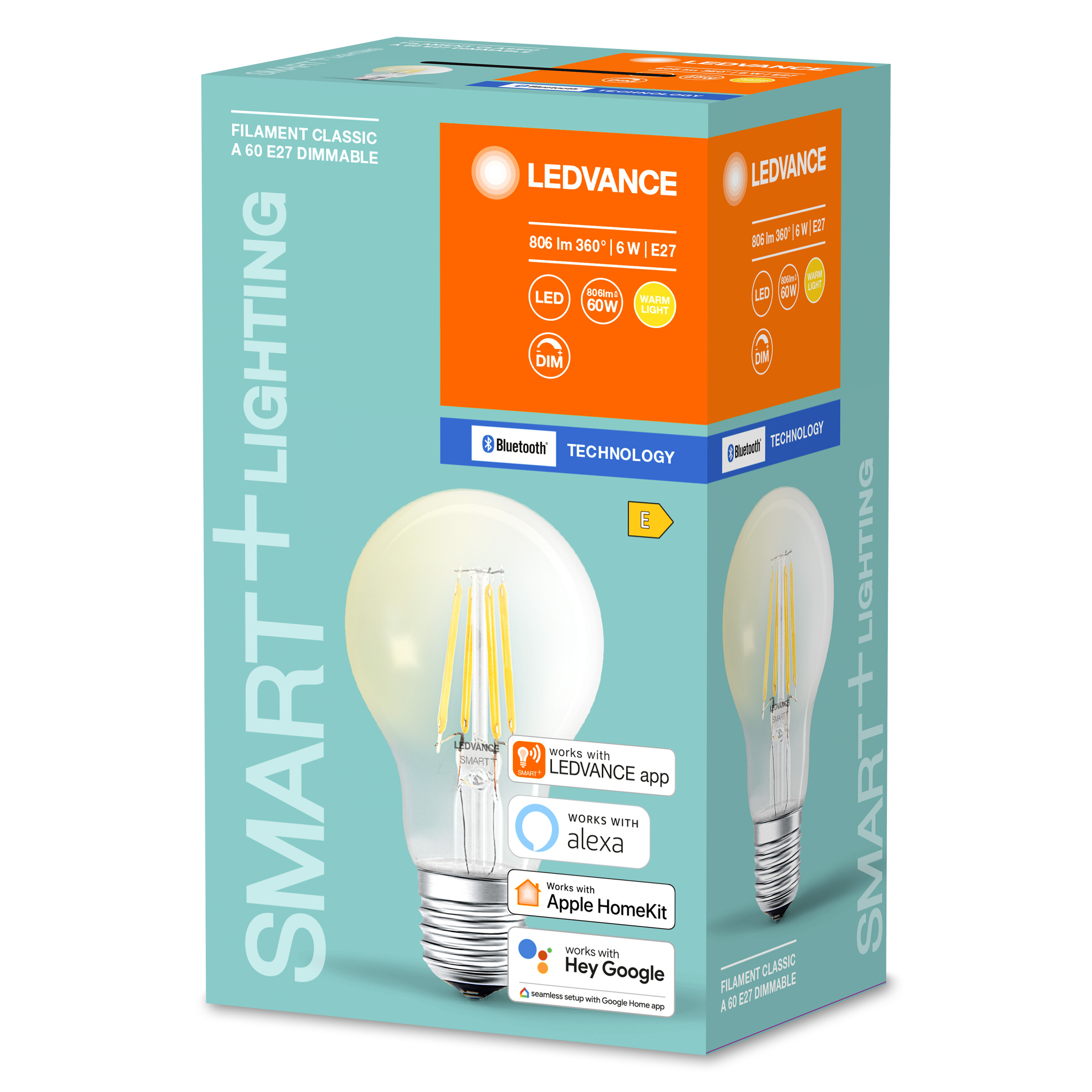 Bombilla en una caja, con texto sobre LED, regulable y tecnología Bluetooth.