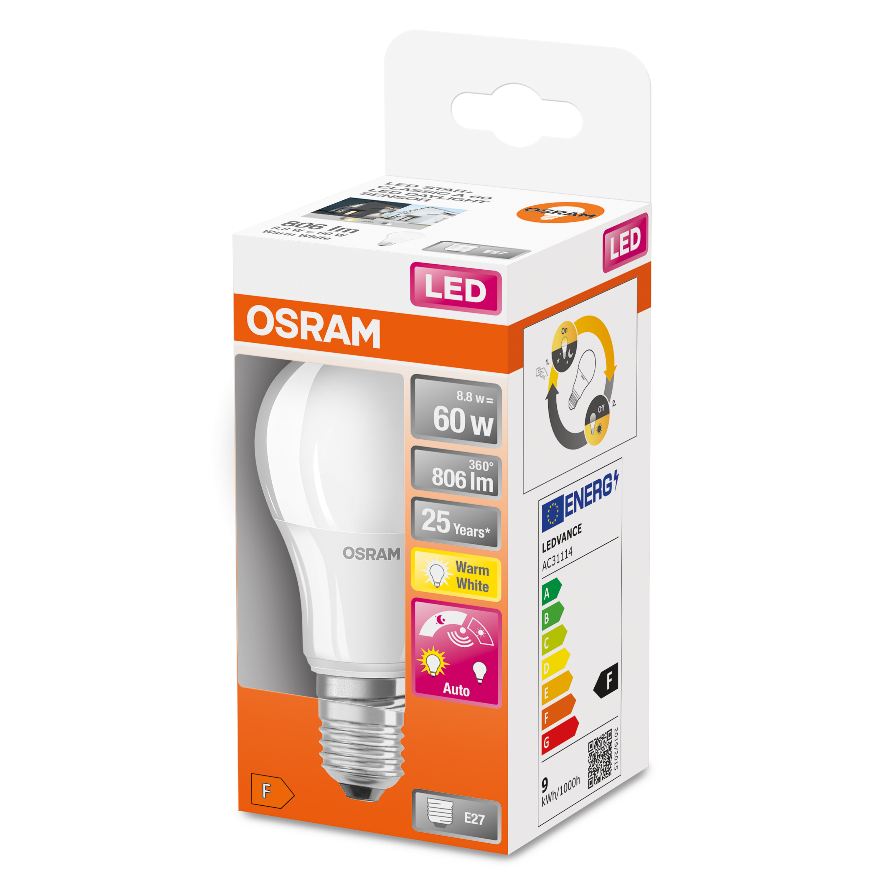 Żarówka LED OSRAM w pudełku, ze szczegółami takimi jak moc, lumeny i efektywność energetyczna.