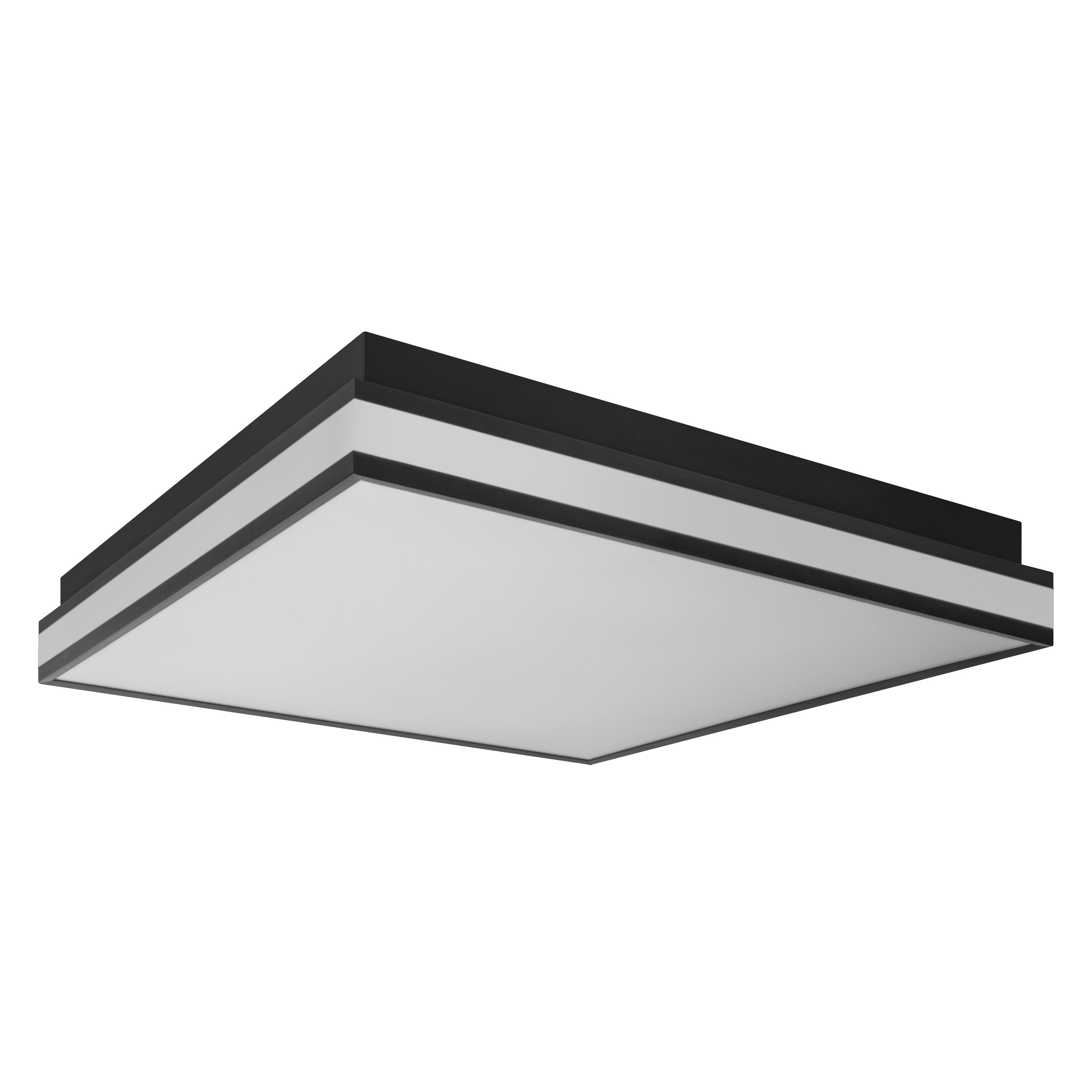 Plafoniera LED quadrata, cornice nera e pannello bianco.