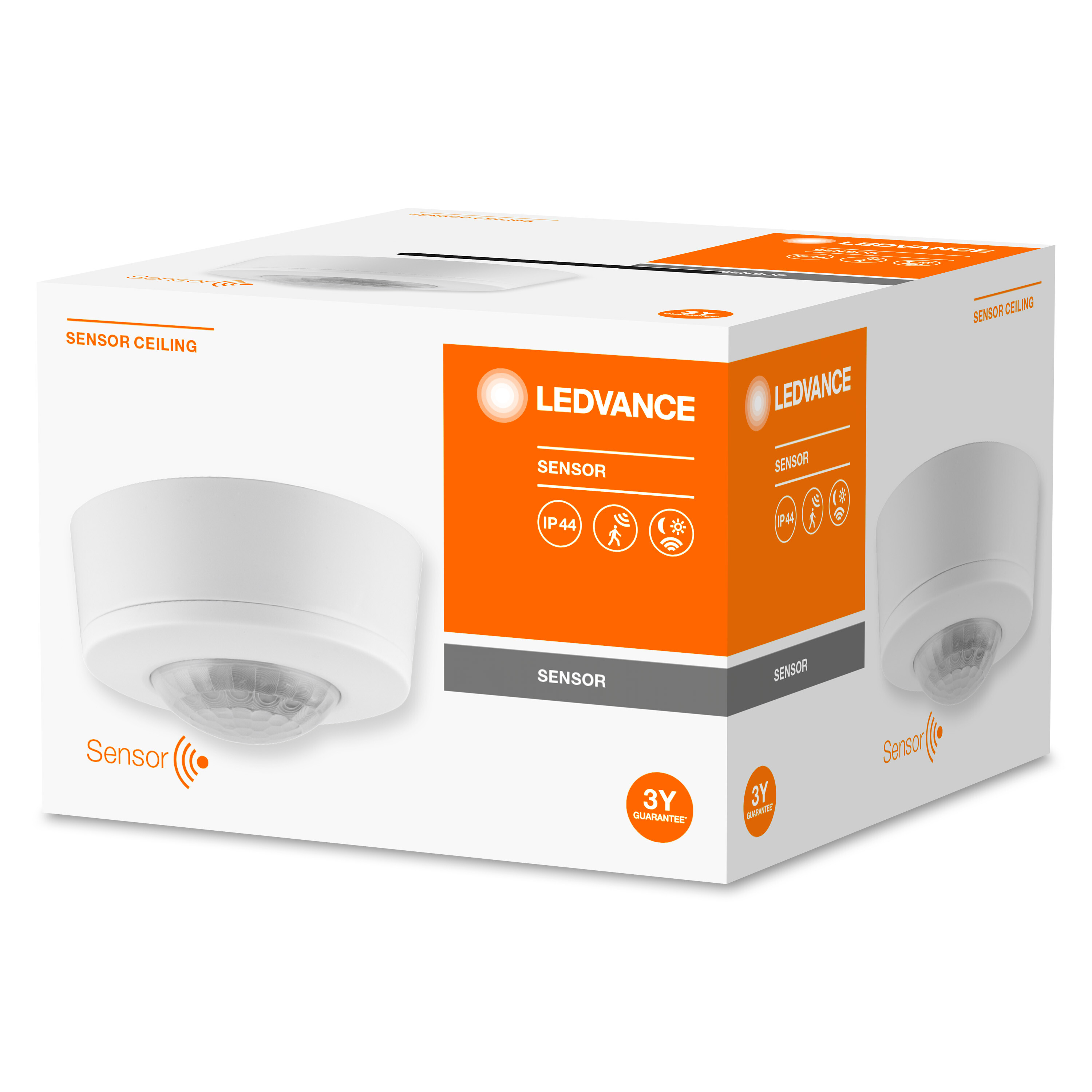 Scatola sensore LEDVANCE bianca. Mostra il sensore con IP44 e altre icone correlate.
