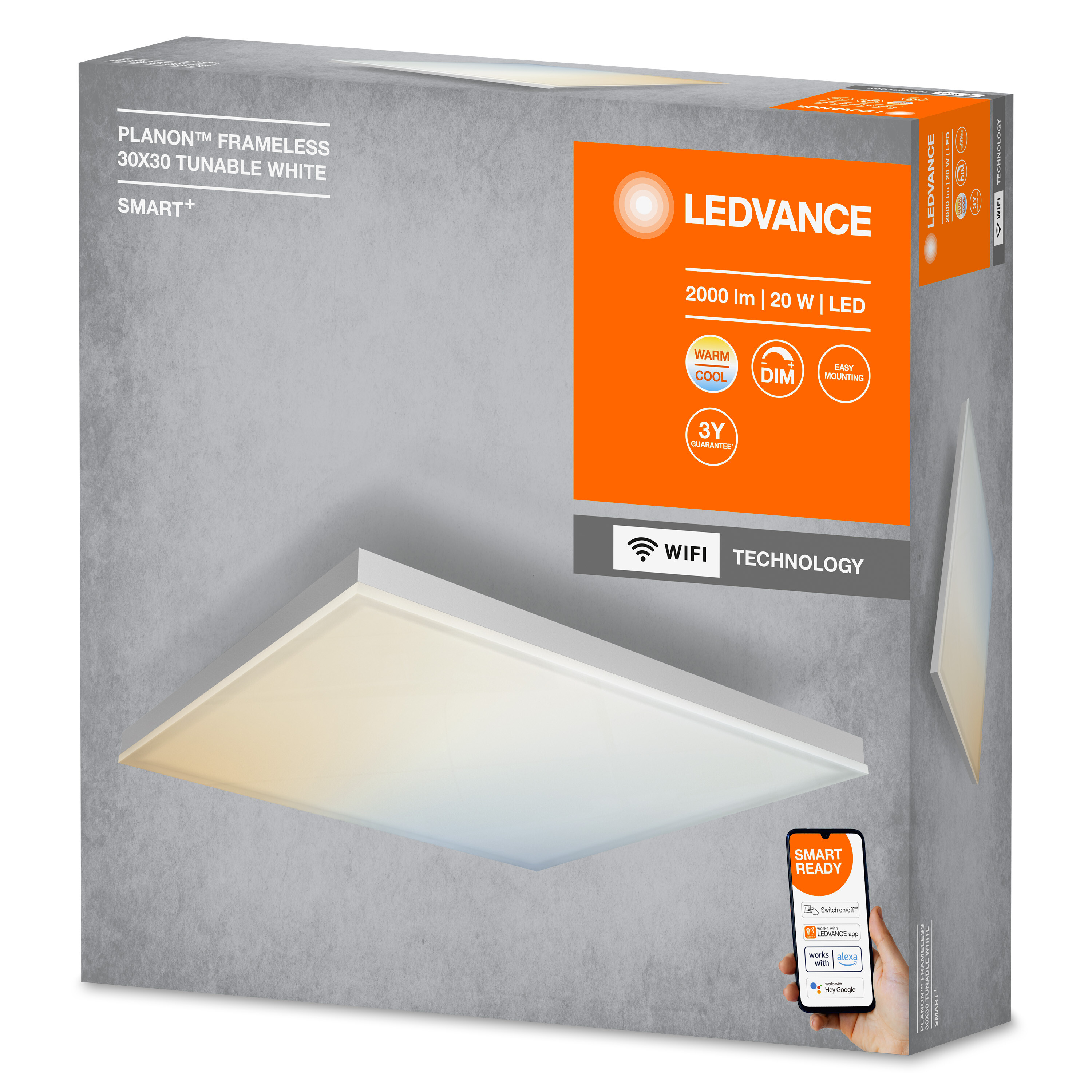 Ein Planon LED-Panel-Karton mit Text und Bildern des Panels, weißer Hintergrund.