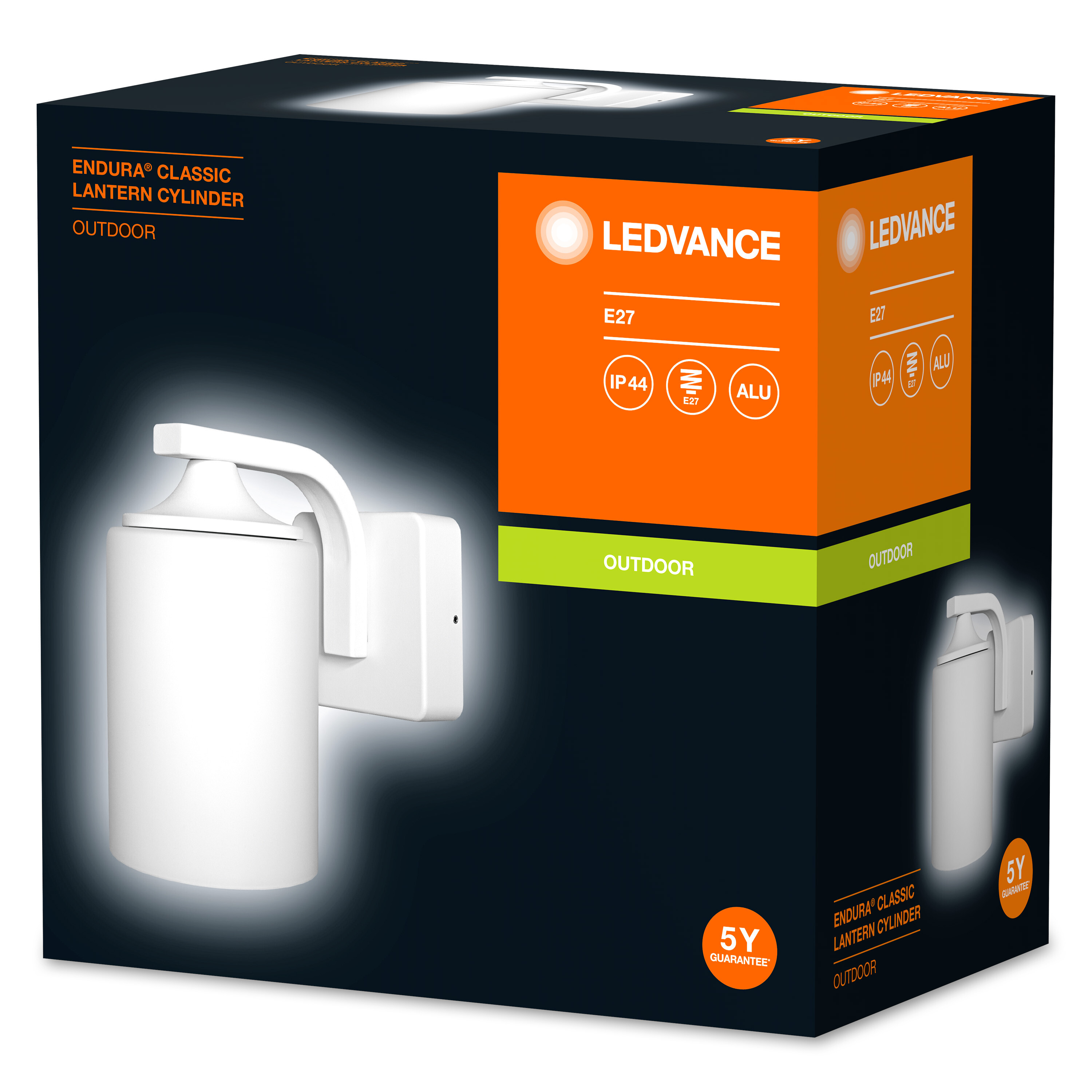 Weiße Outdoor-Laternenbox, schwarzer Hintergrund, Produktdetails und Garantie sichtbar.