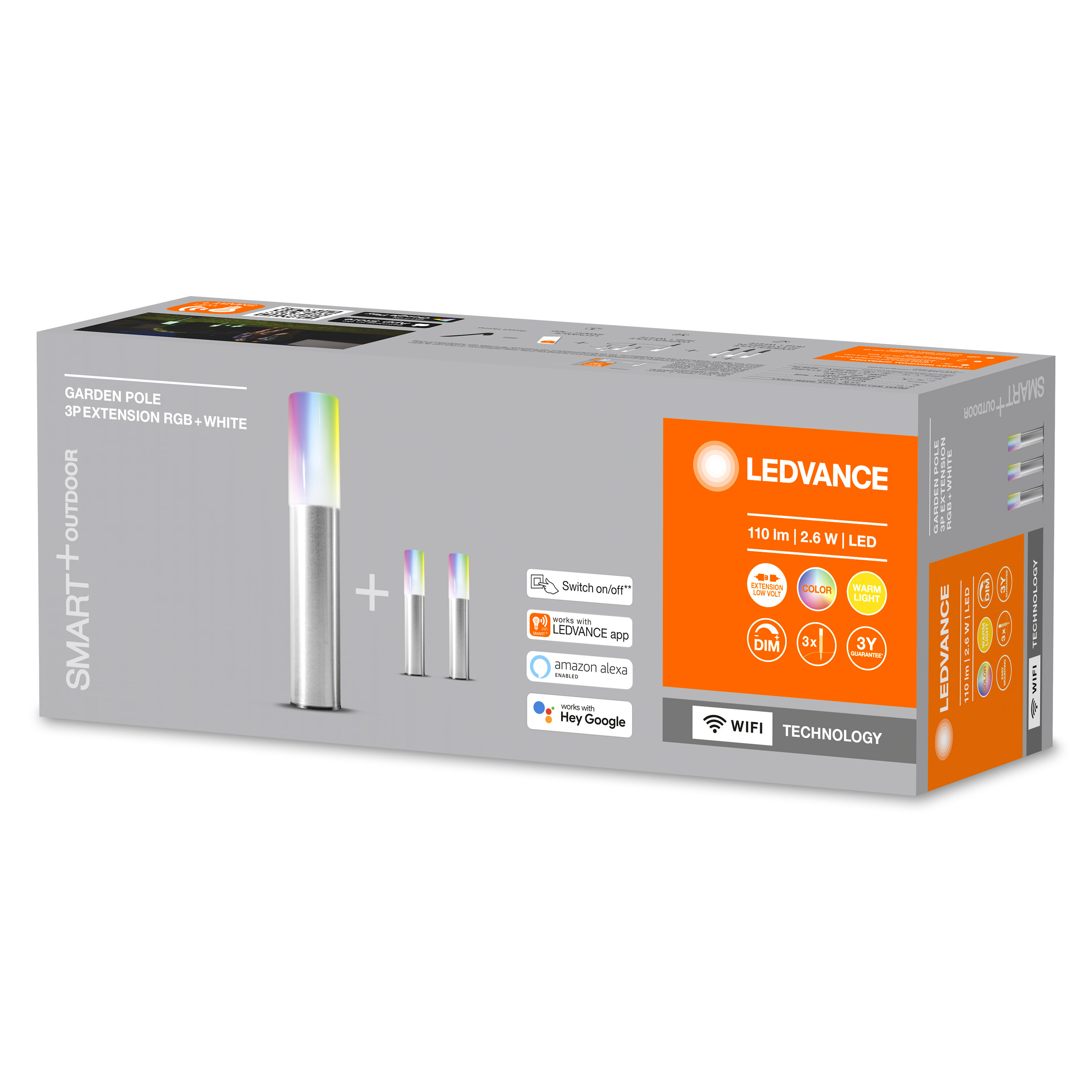 Box mit LEDVANCE-Branding zeigt Gartenpfahl mit RGB-Leuchten, plus Erweiterungen.