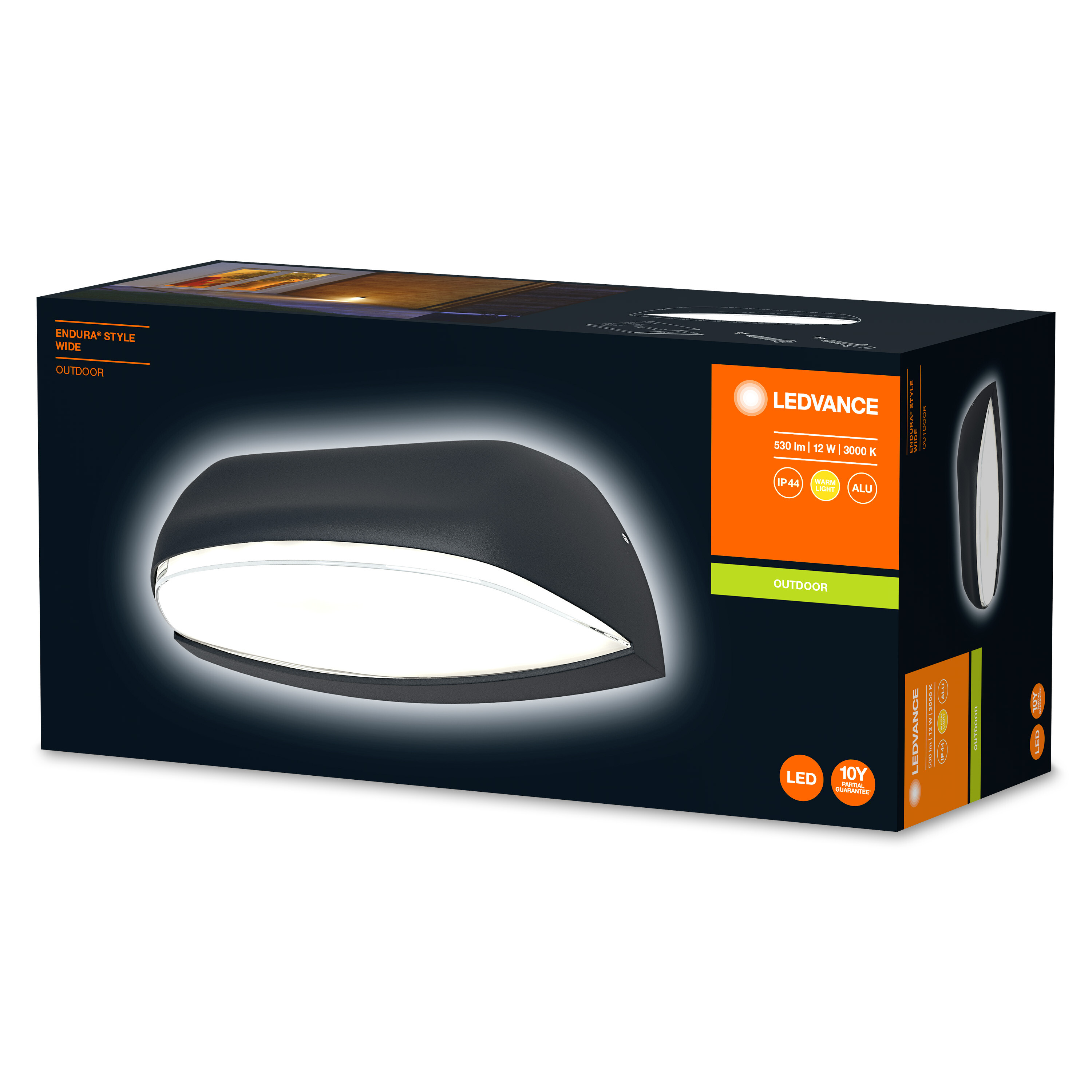 Eine schwarze LED-Außenwandleuchte in einer Box. Das Licht hat eine gebogene Form und ist auf der Box.