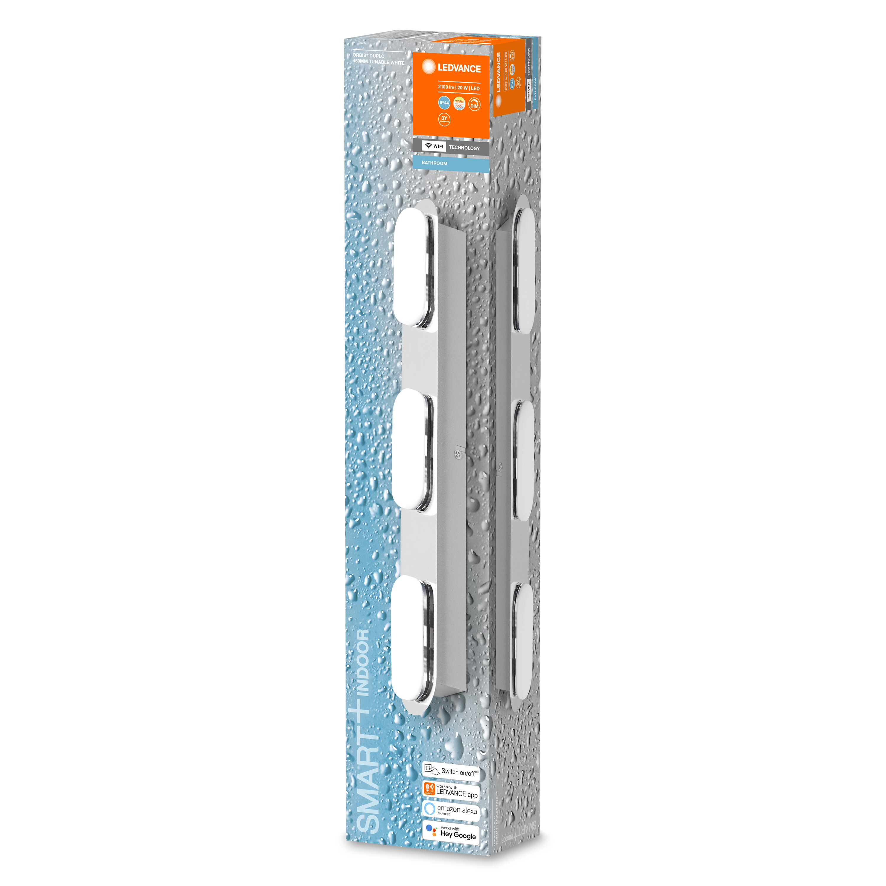 Hohe, rechteckige LED-Leuchte in einer Box mit Produktetikett, auf weißem Hintergrund.