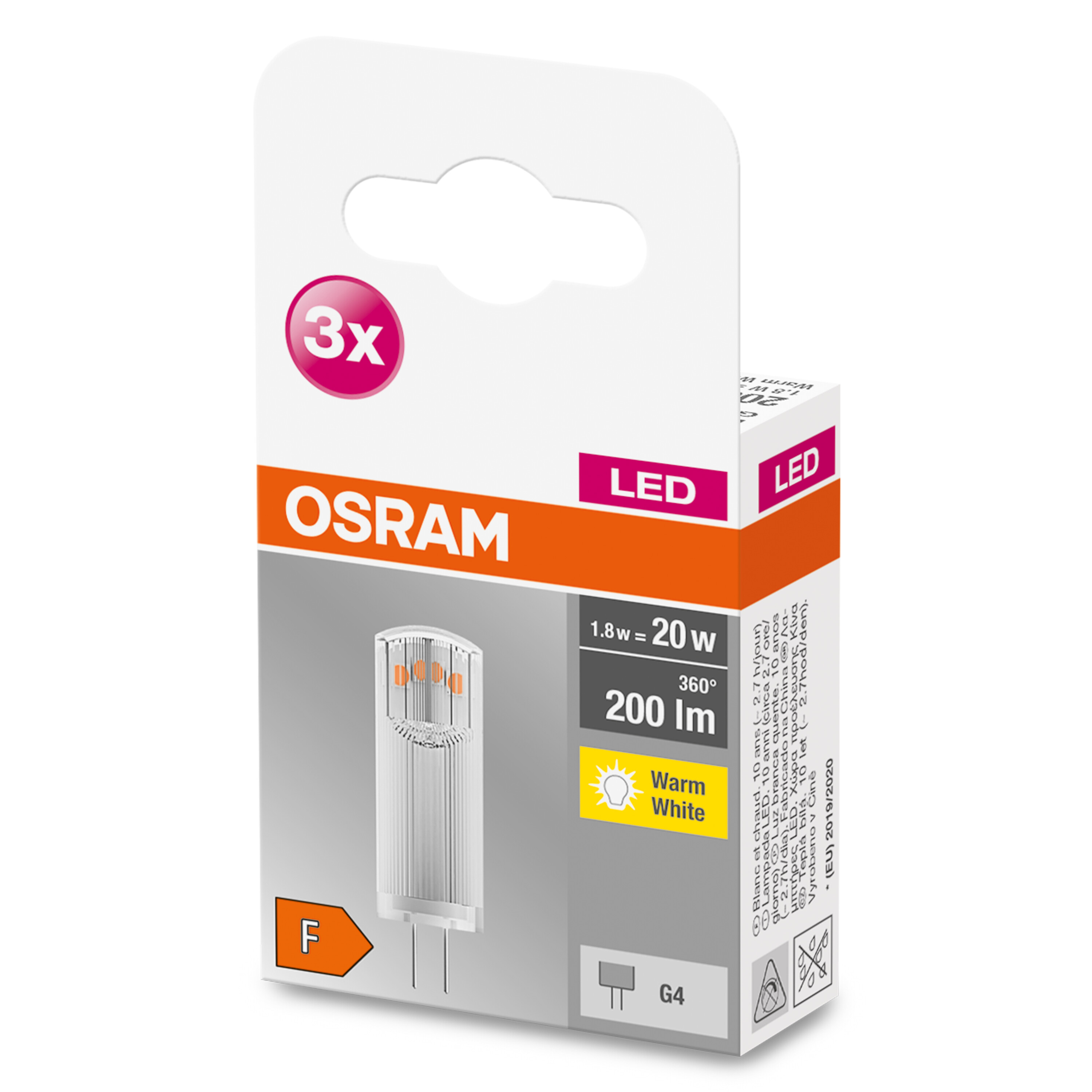 Eine weiße und orange LED-Glühbirnenverpackung mit Produktinformationen und G4-Sockel.