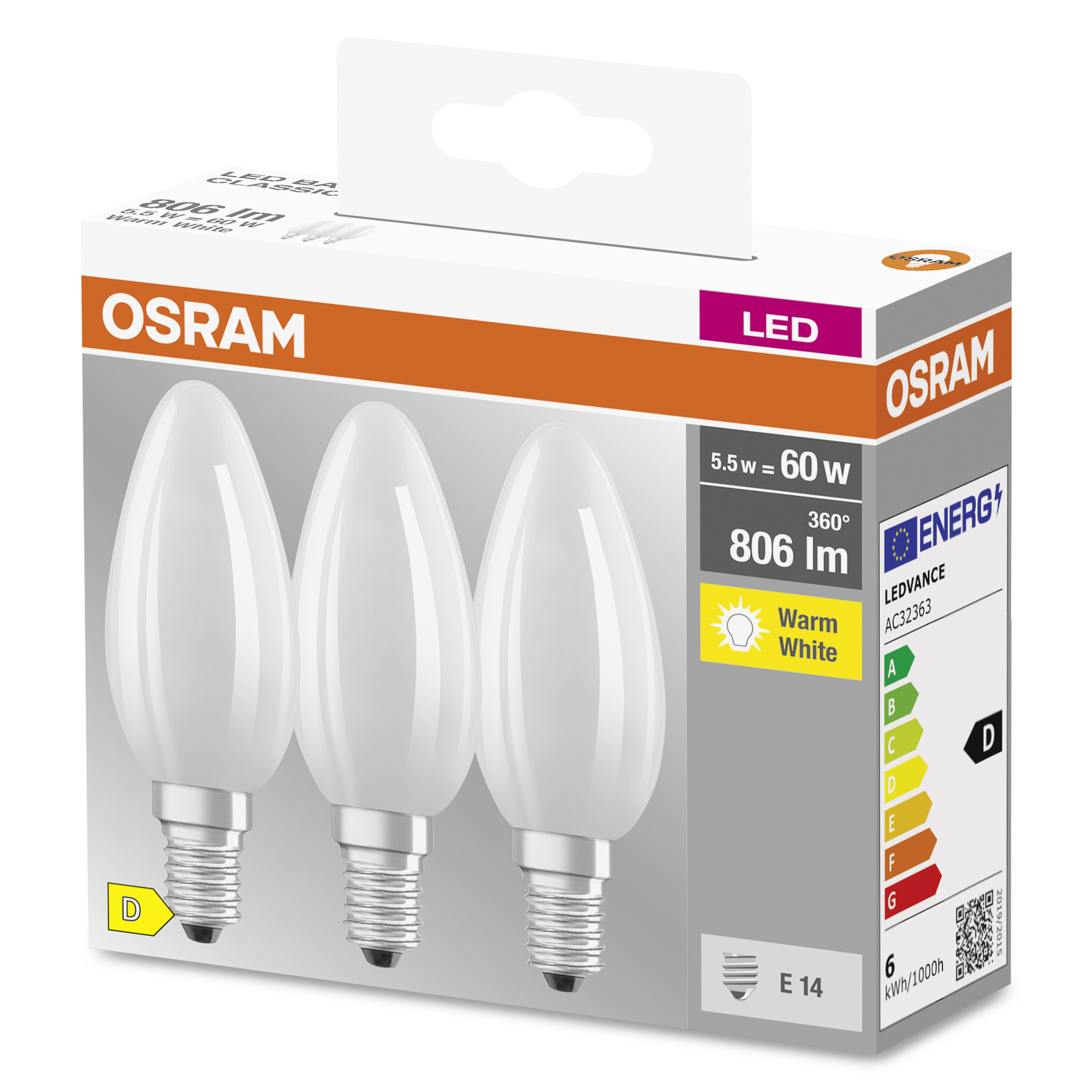 Drei weiße LED-Glühbirnen in einer Schachtel. Die Schachtel trägt die Marke Osram und Details.