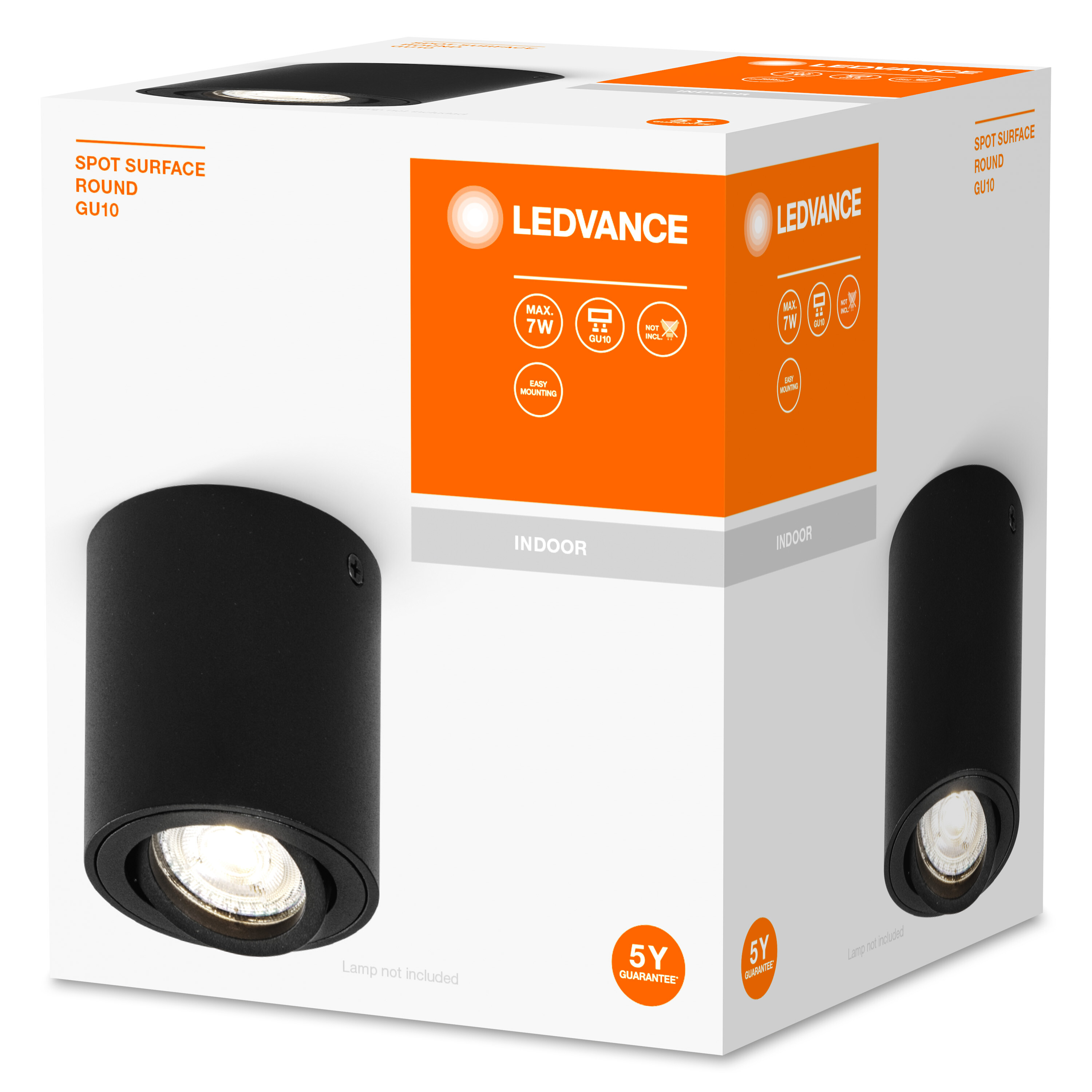 Schwarze, runde Strahler-Leuchte in einer Box. Die Box zeigt die leuchtende Lampe.