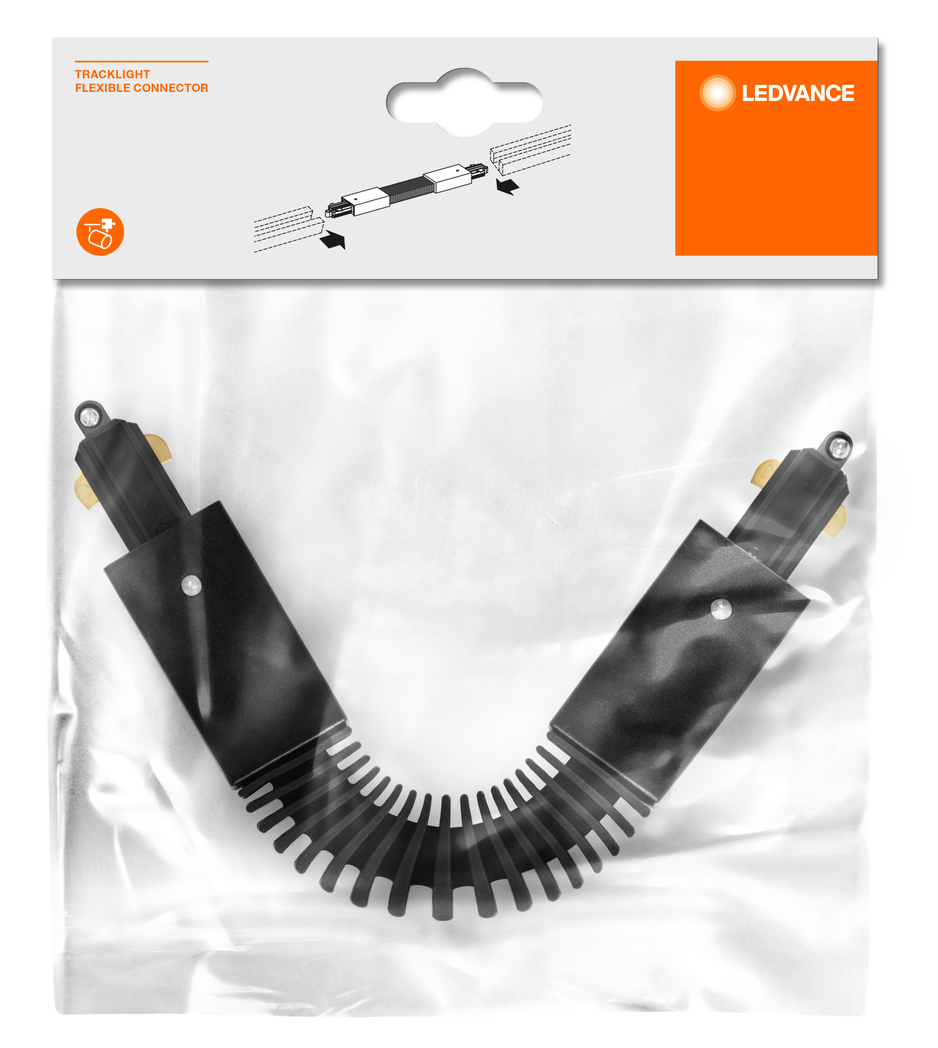 Schwarzer Tracklight-Flex-Verbinder in einer Plastiktüte. LEDVANCE-Logo oben. Illustration des Produkts.
