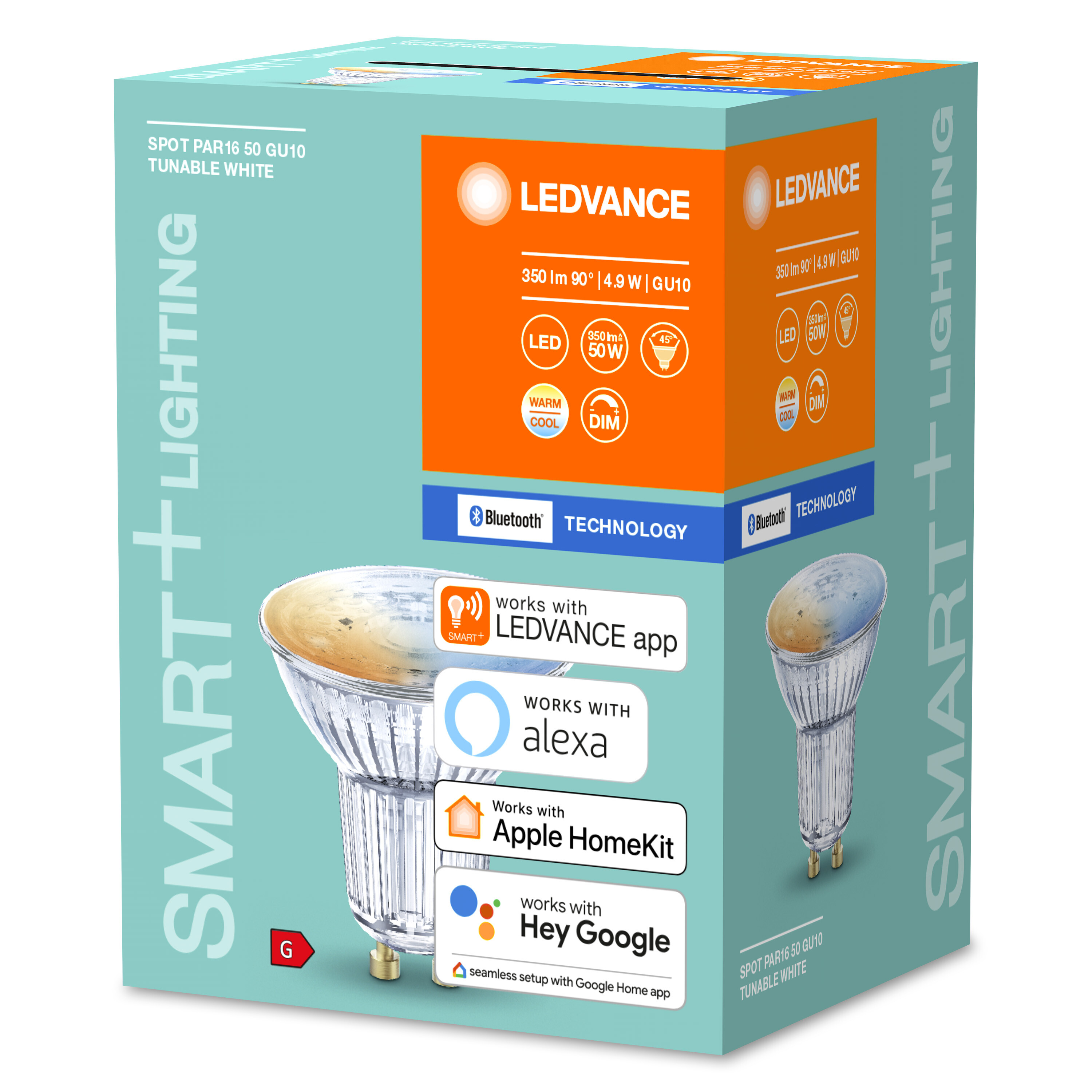 Eine hellblaue Schachtel einer smarten LED-Leuchte, die die LED-Leuchte und die Eigenschaften der Schachtel zeigt.