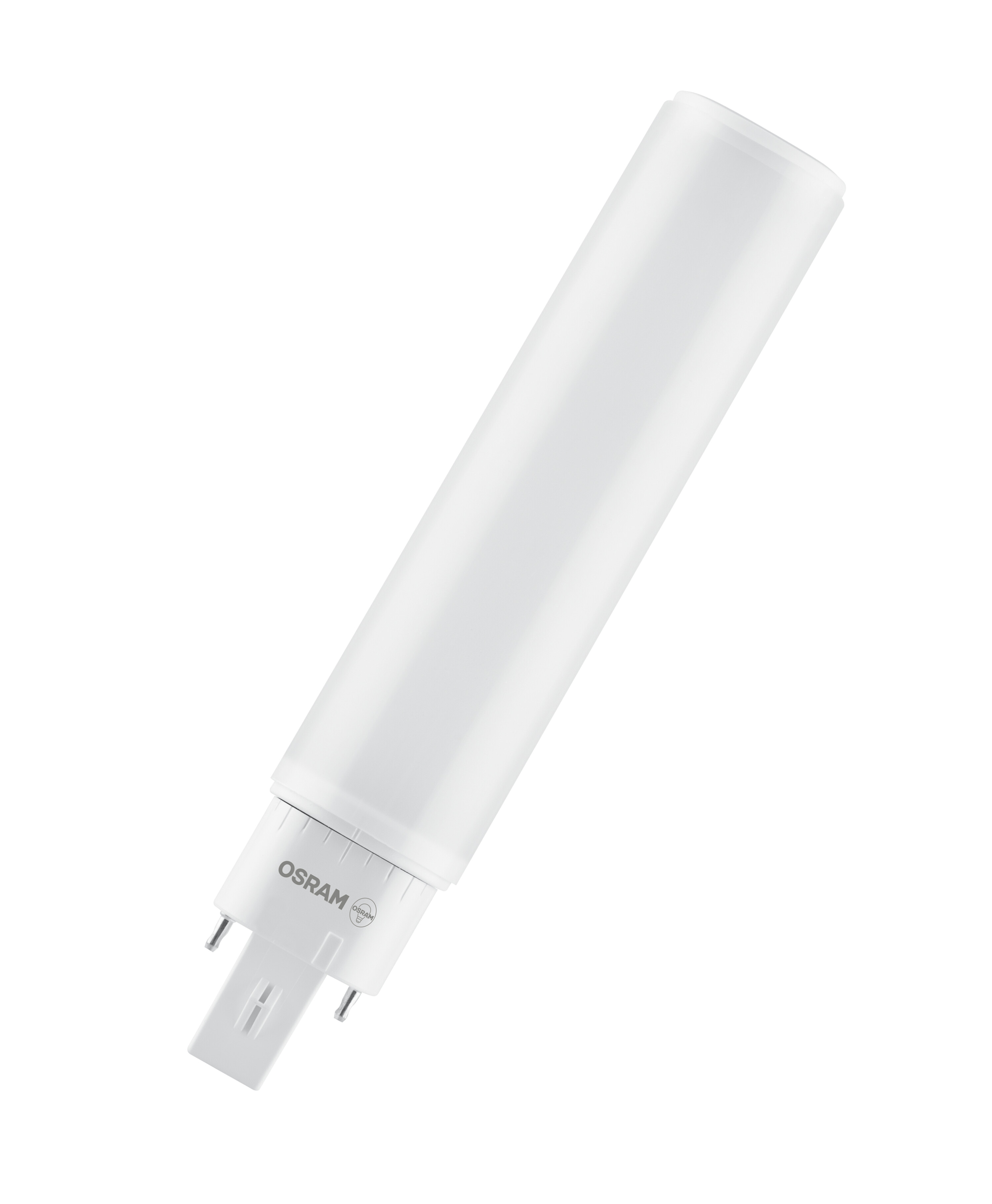 Weiße OSRAM LED-Röhrenleuchte mit weißem Sockel und Pins, isoliert auf weißem Grund.