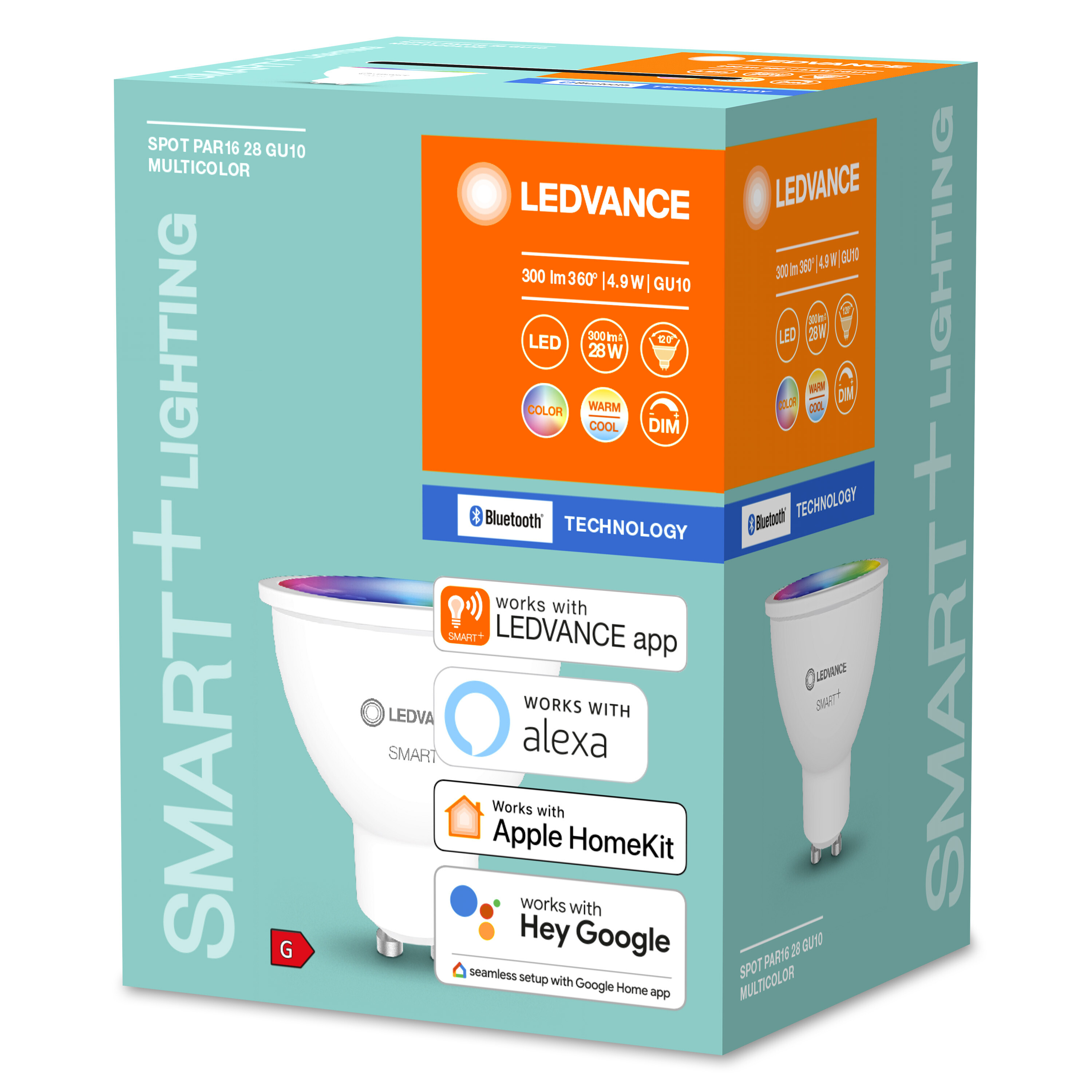 Una scatola luminosa LEDVANCE con informazioni sul prodotto, una lampadina e un logo per la casa intelligente.