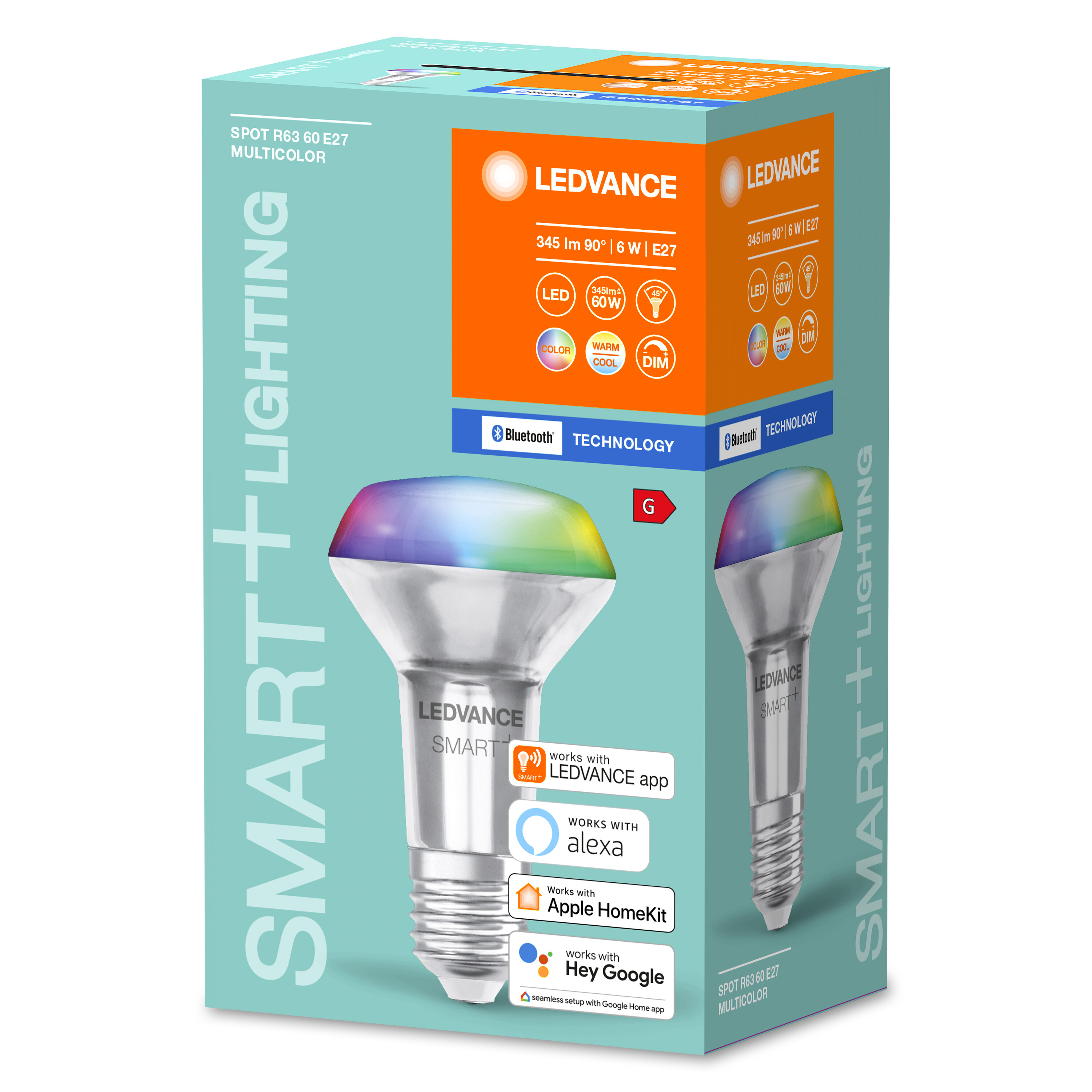Verpackte LEDVANCE Smart-Glühbirne mit mehrfarbiger Lichtausgabe und verschiedenen Funktionen.