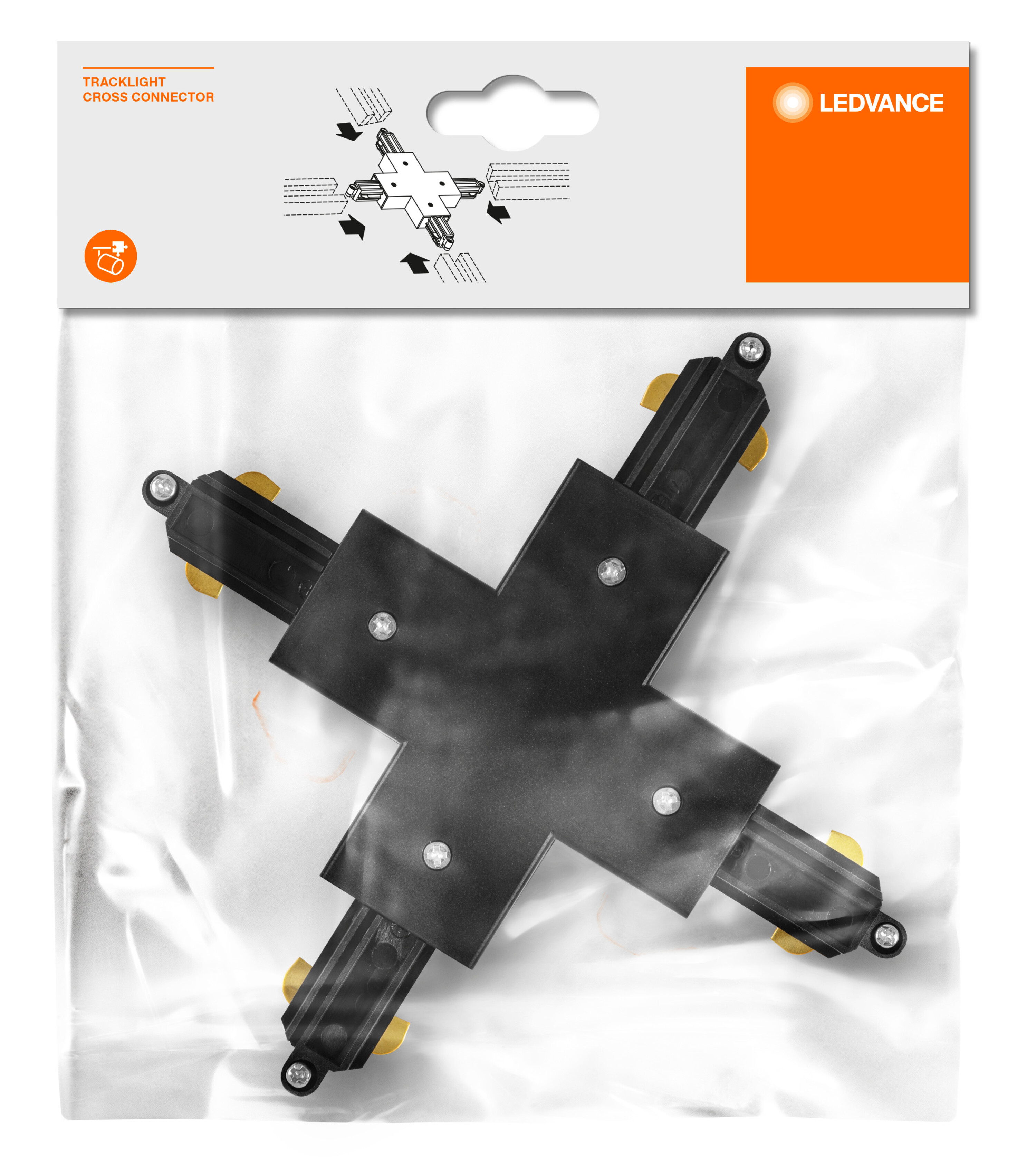 Ein kreuzförmiger Schienenlichtverbinder in einer transparenten Kunststoffverpackung. Das Produkt ist schwarz.