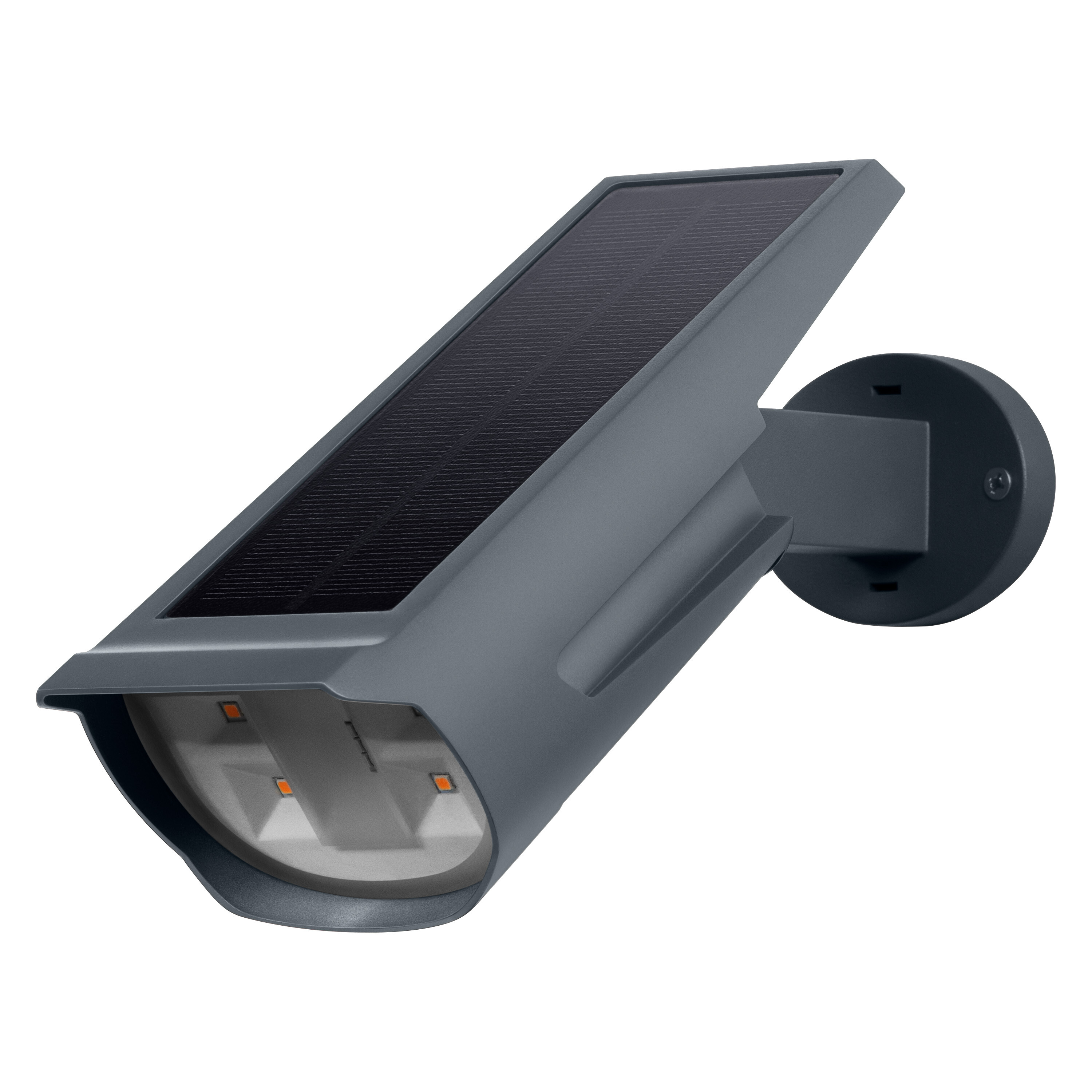 Lampada solare da esterno grigio scuro con pannello solare nero e base rotonda su un muro.