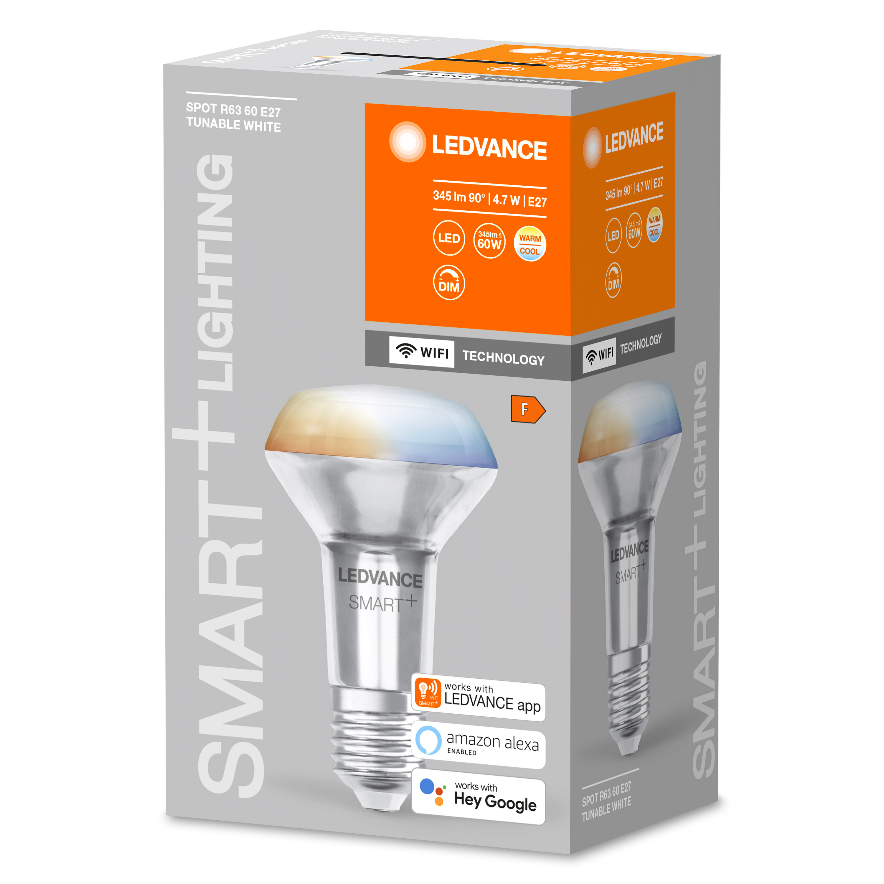 Lampadina LEDVANCE Smart+ in una scatola. La scatola mostra i dettagli sulla lampadina.