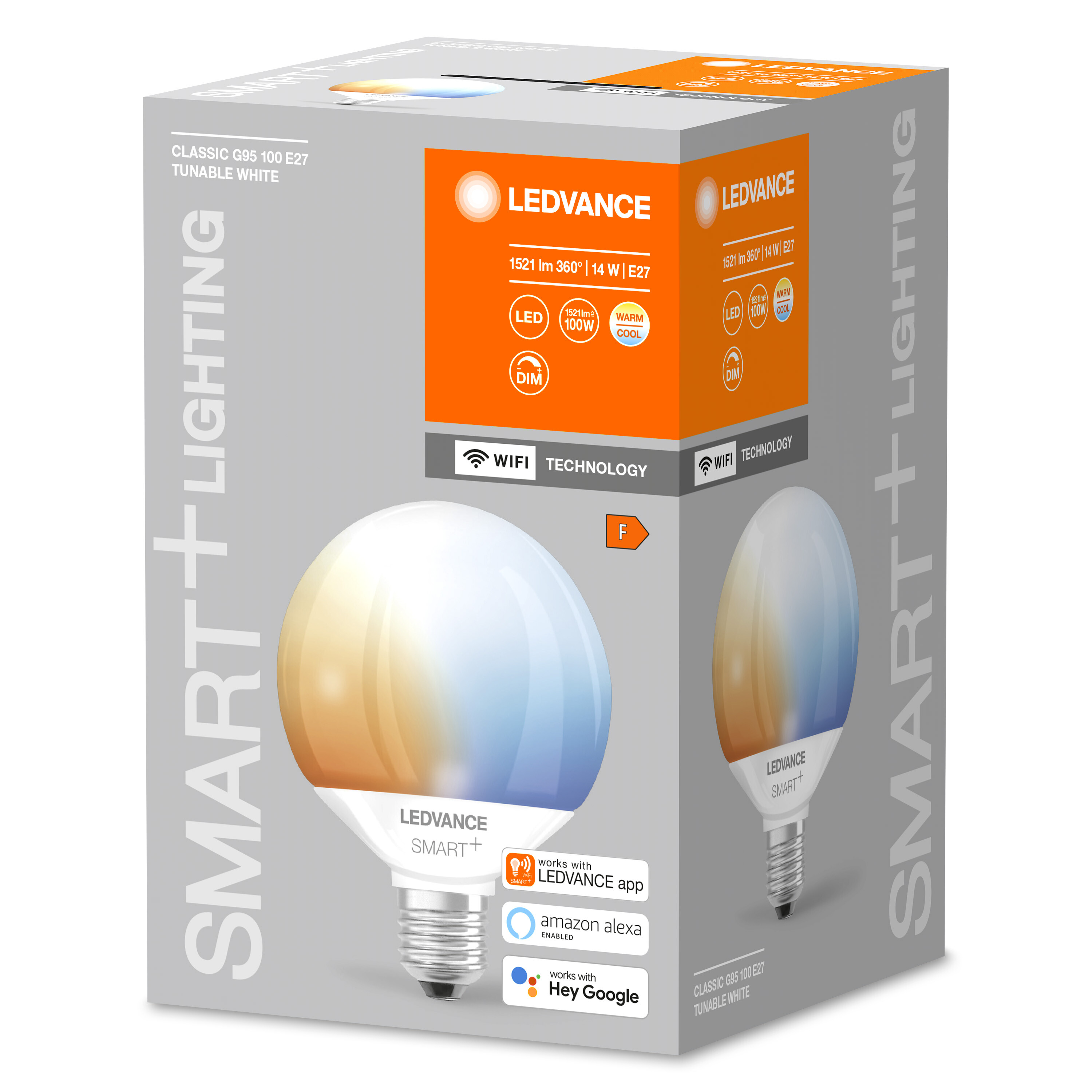 LEDVANCE Smart-Glühbirne in Verpackung, weiß-orangefarbener Farbverlauf, WLAN-Technologie.