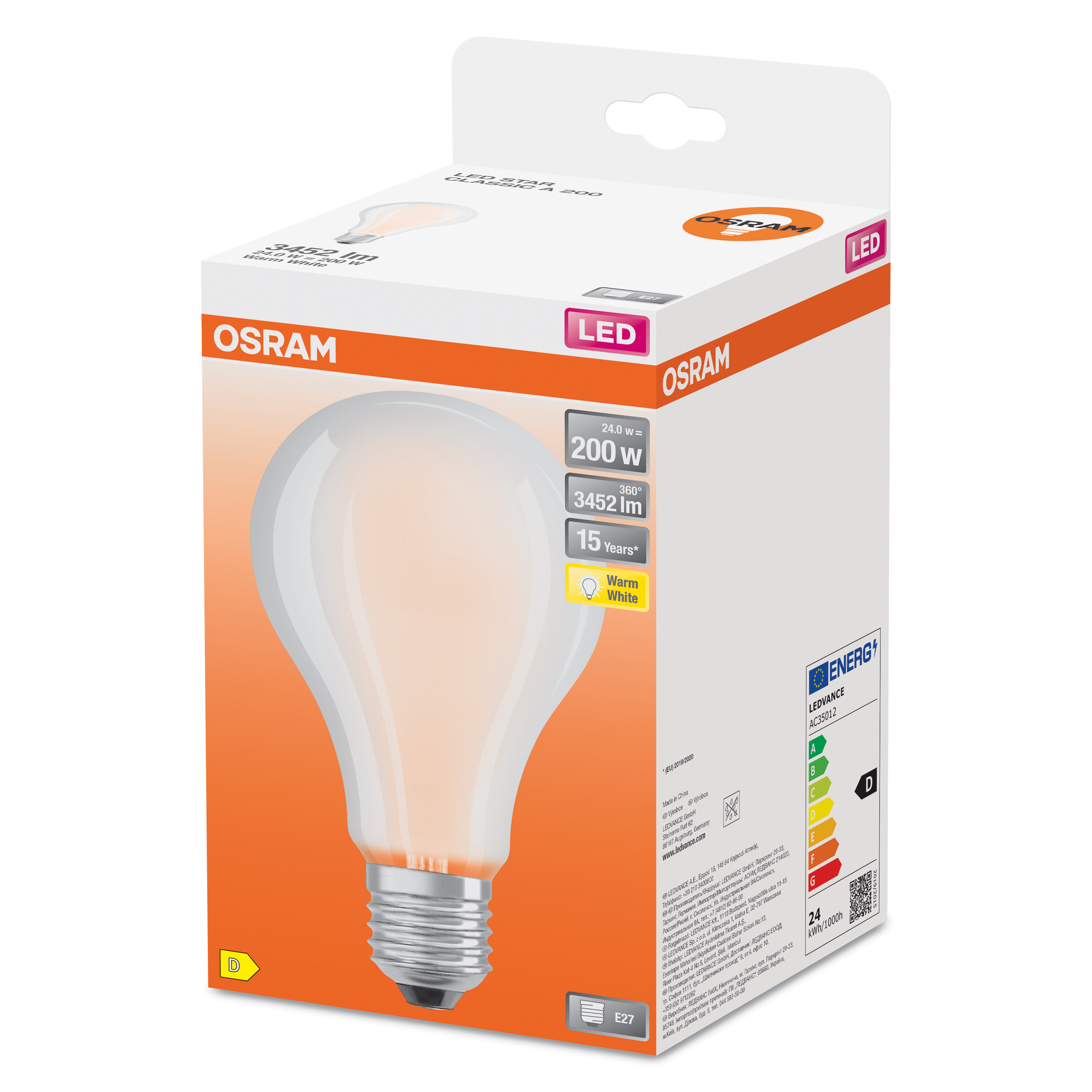 Una scatola di una lampadina LED Osram; la lampadina è bianca calda e da 24,0 W.