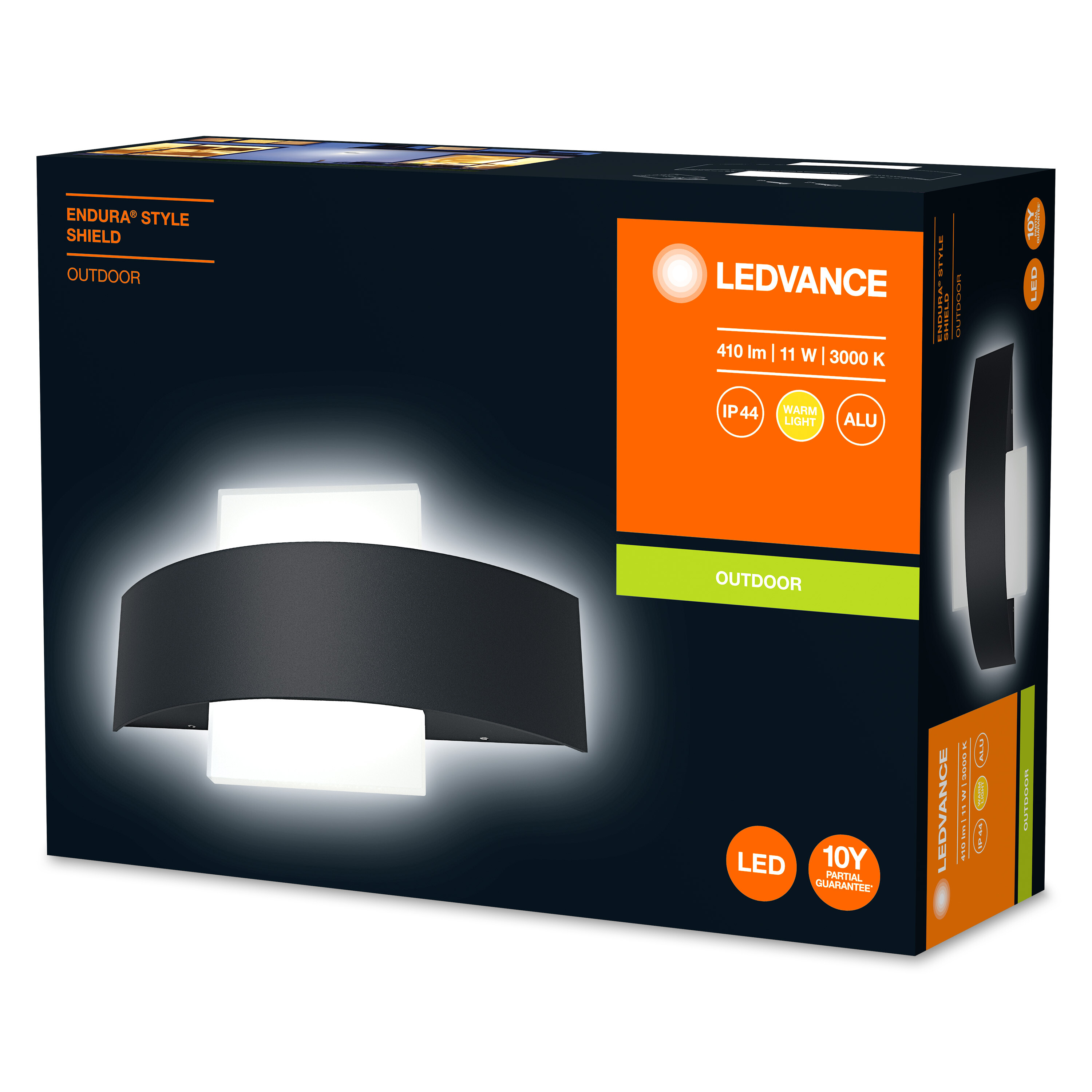 Schwarze und orangefarbene LEDVANCE Außenwandleuchtenbox. Zeigt Lichtspezifikationen und ein Bild.