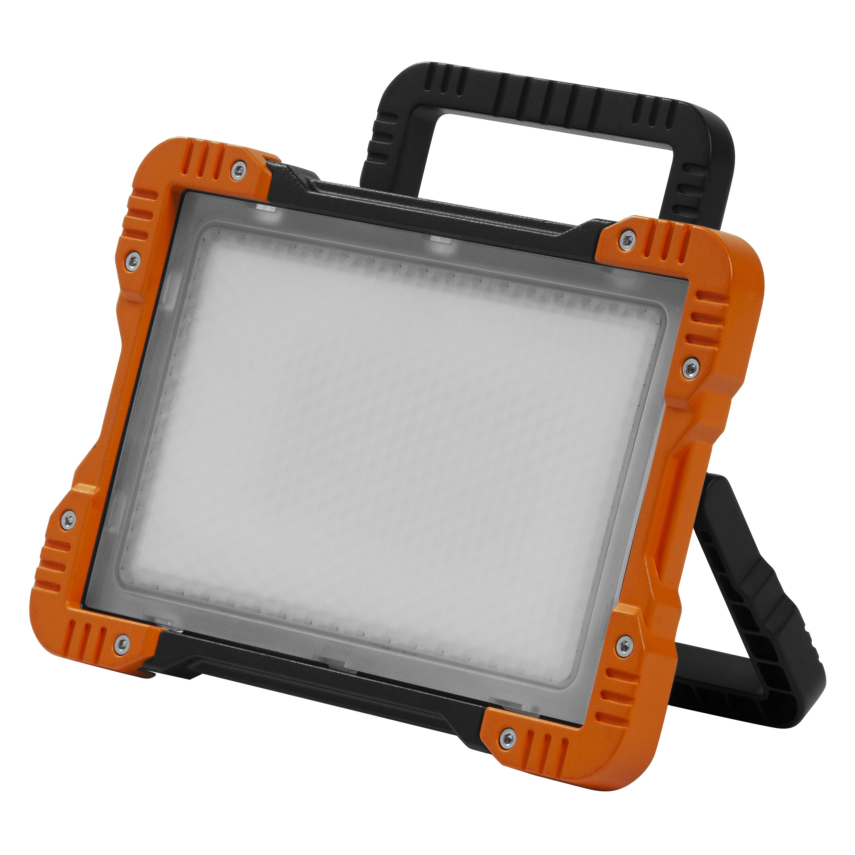 Orange-schwarze LED-Arbeitsleuchte mit Griff und Ständer, weißer Hintergrund.