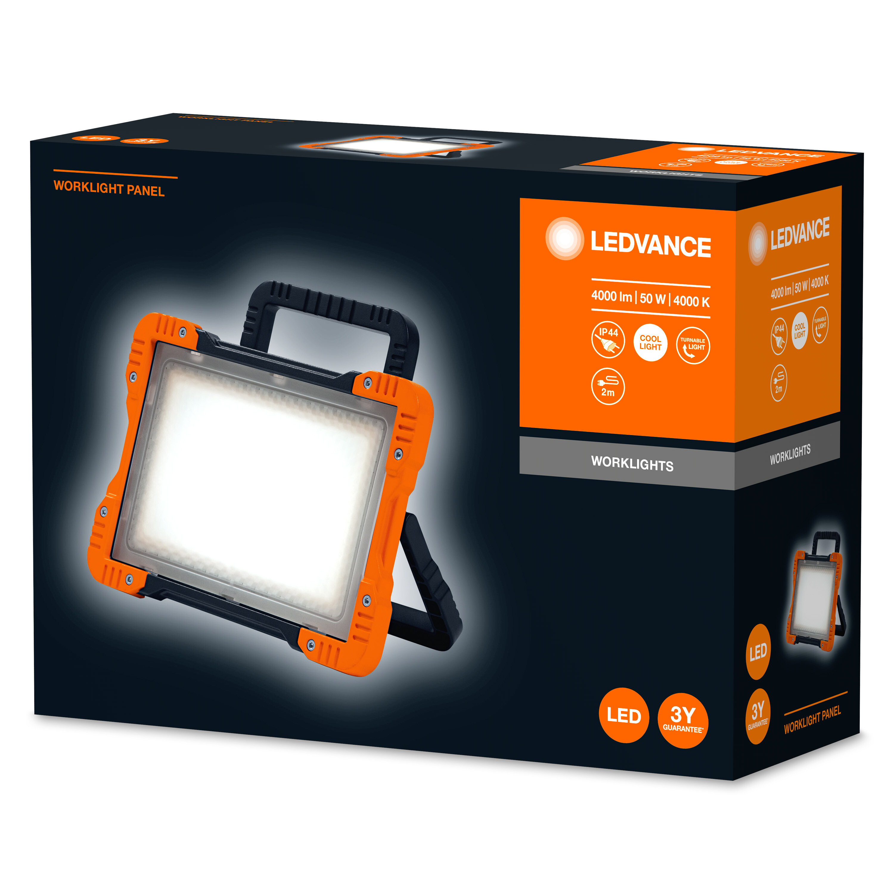 Arbeitsleuchten-Panel in einer orange-schwarzen Box. Das Arbeitslicht befindet sich auf der linken Seite.