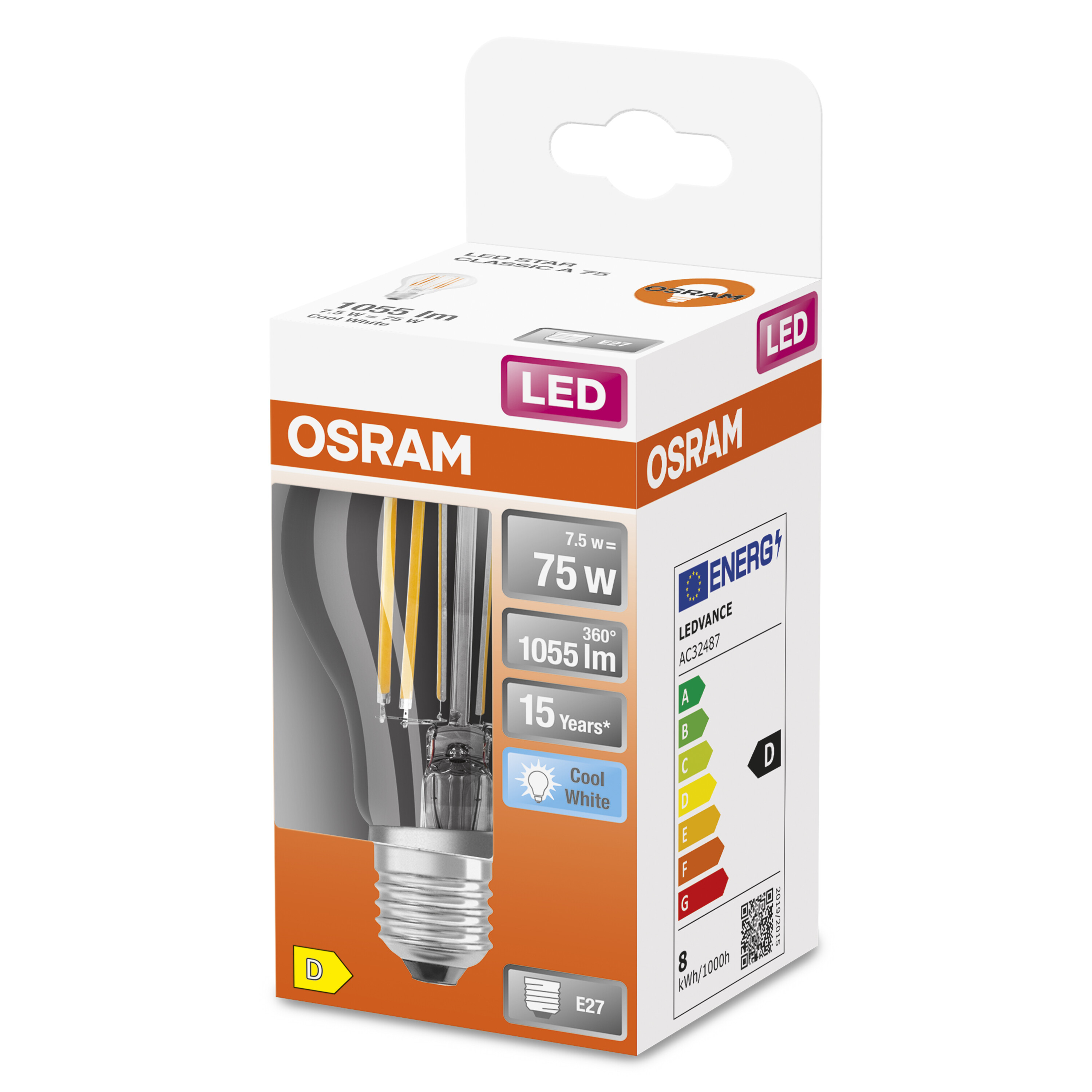 Scatola lampadina LED OSRAM: 7,5W, equivalente a 75W, 1055 lm, Bianco Freddo. Classe D.