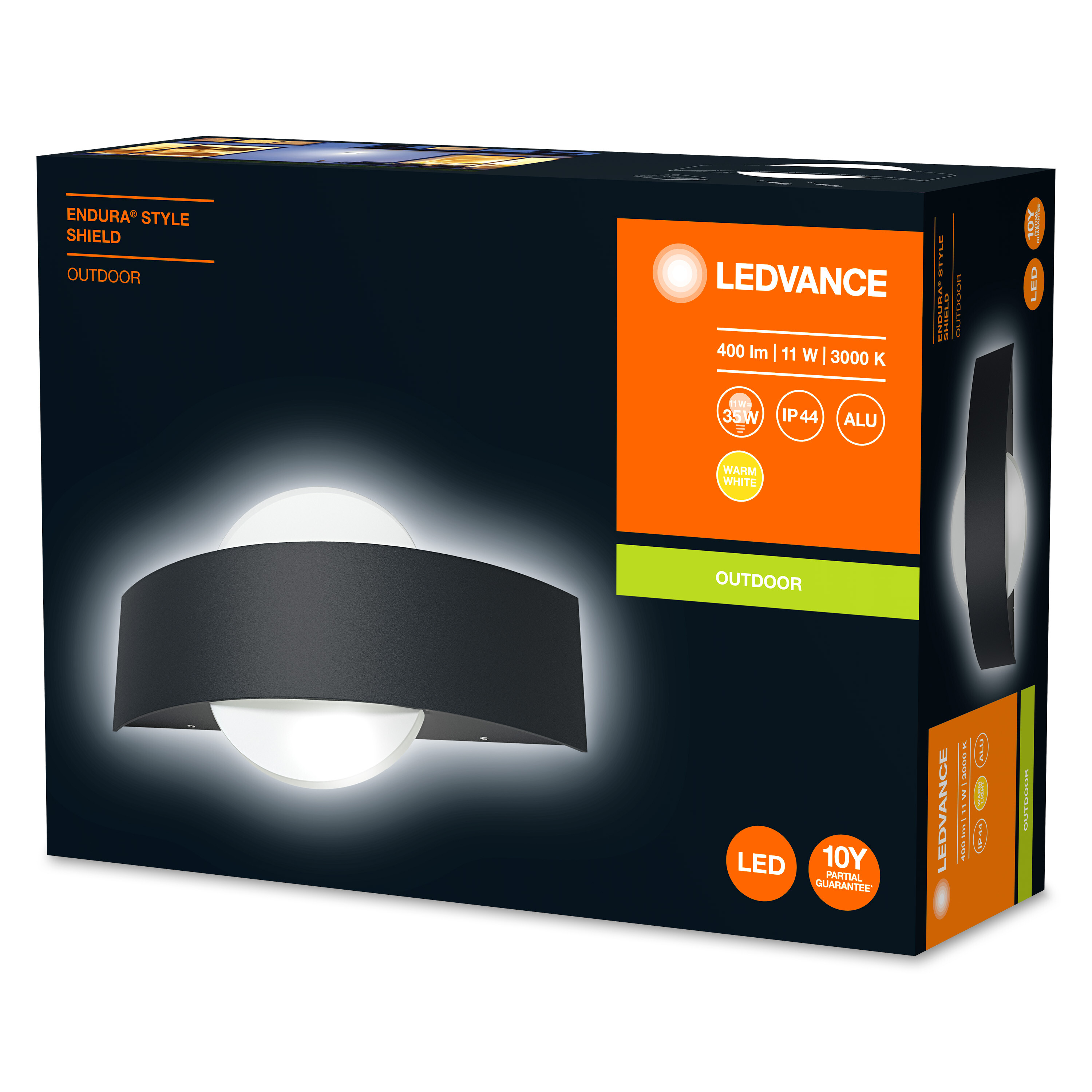 Ledvance Outdoor-Lichtbox, die ein schwarzes Outdoor-LED-Licht und Details zeigt.