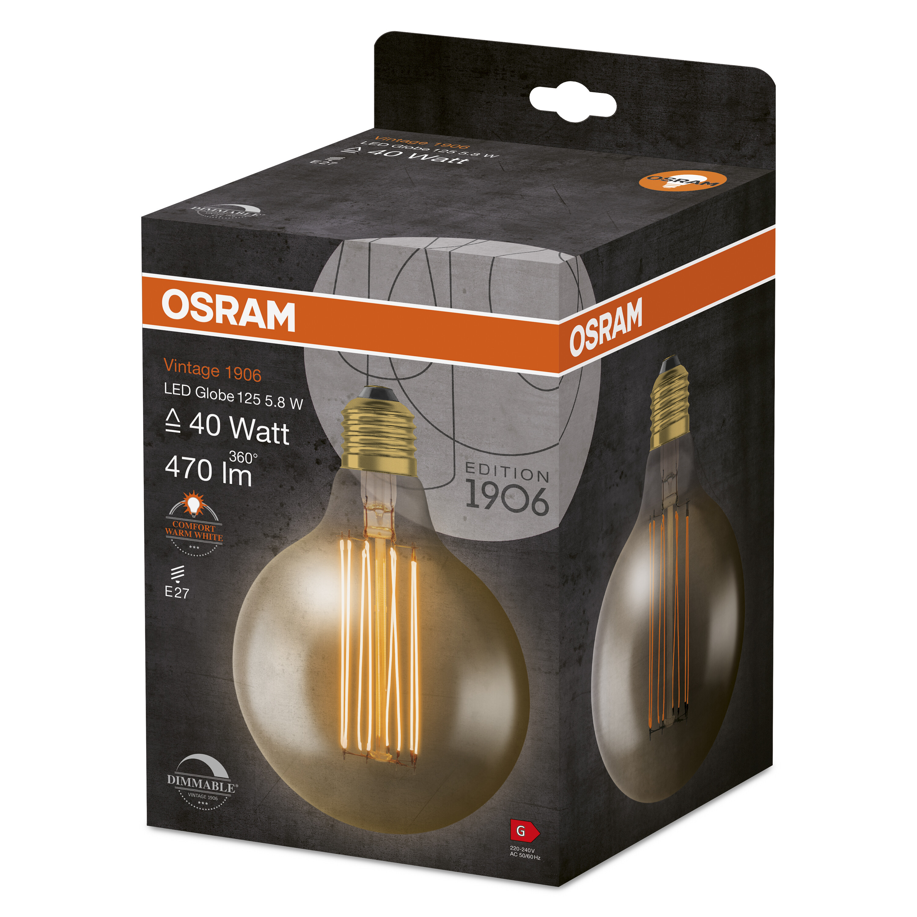 Eine Vintage OSRAM LED-Glühbirnenbox. Die Box hat eine Glühbirnenillustration und Text, der die Eigenschaften der Birne beschreibt.